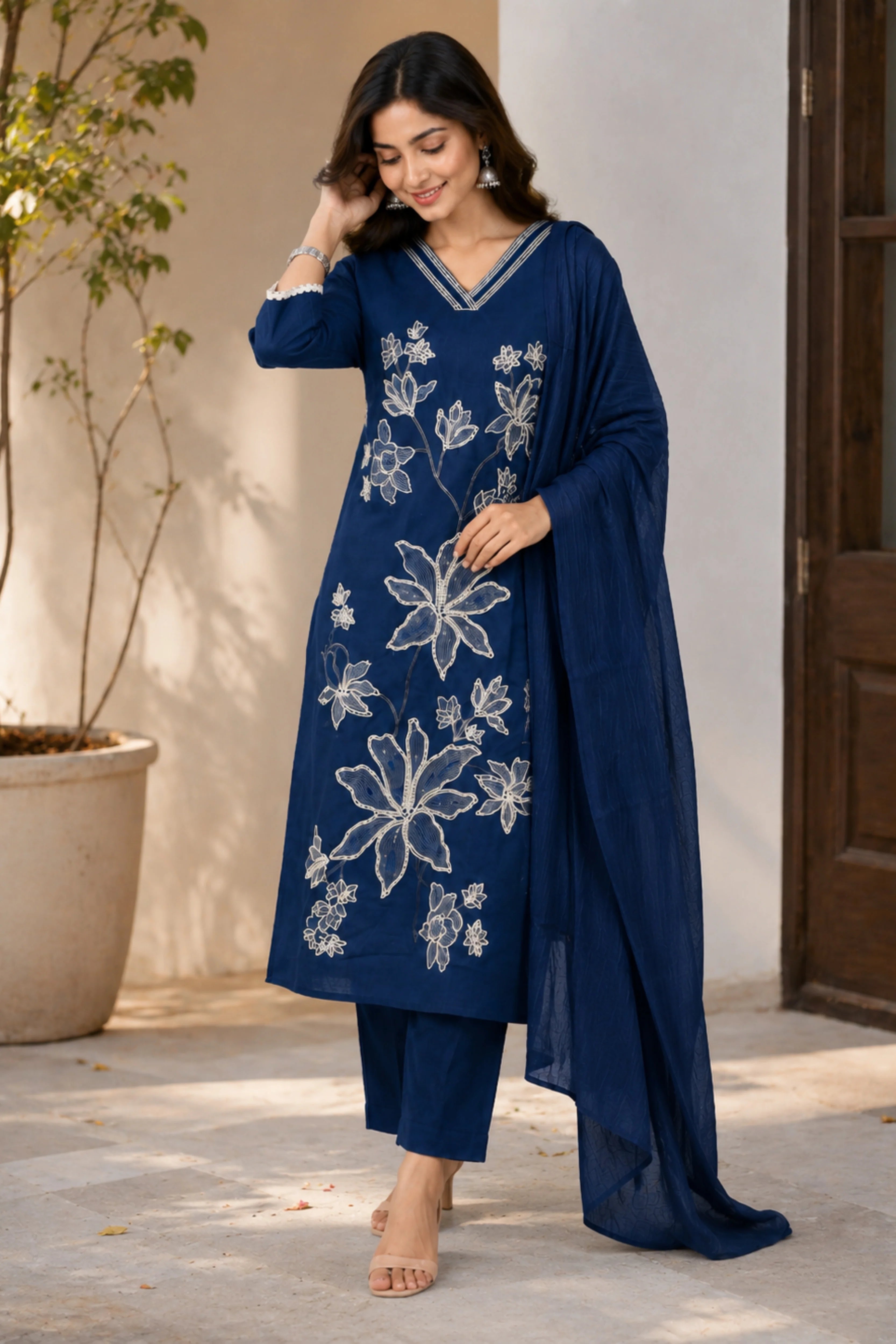 Blue Floral Embroidered Cotton Suit Set-Global Republic