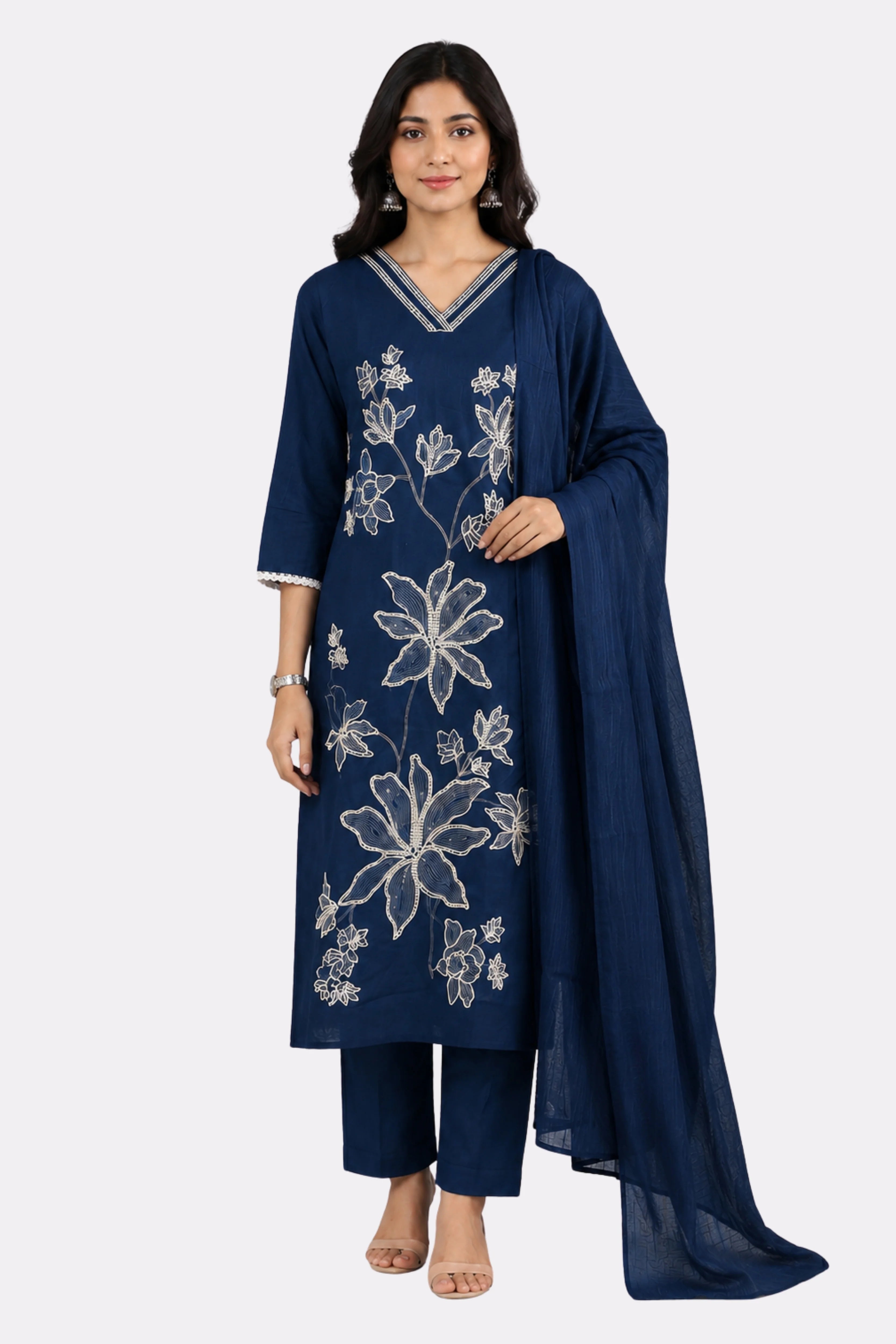 Blue Floral Embroidered Cotton Suit Set-Global Republic