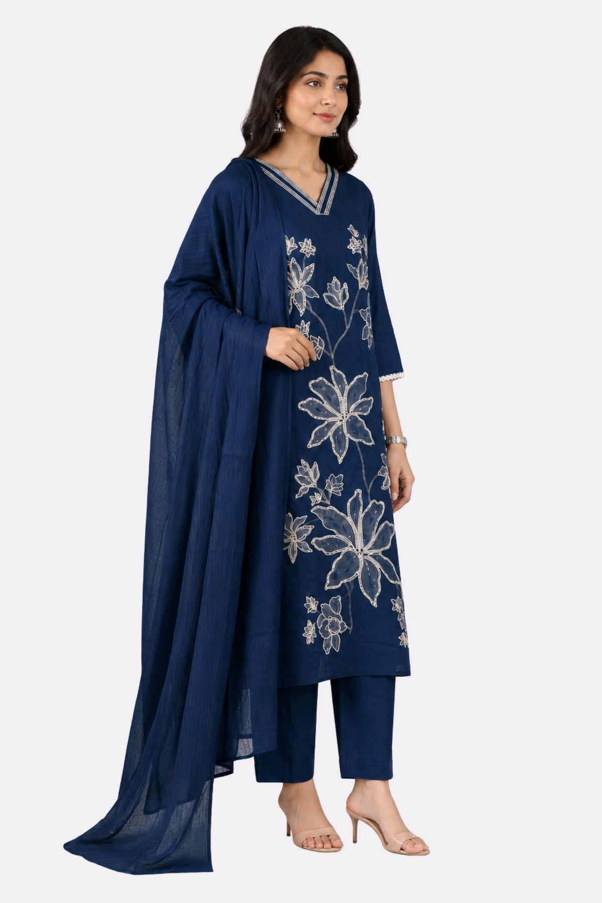 Blue Floral Embroidered Cotton Suit Set-Global Republic