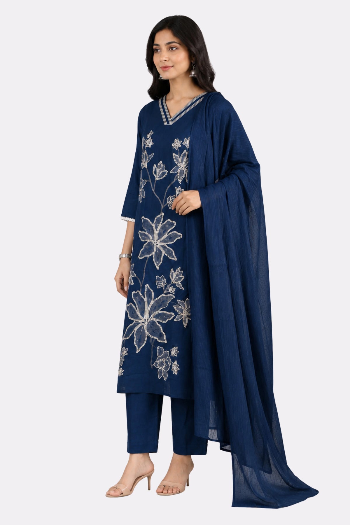 Blue Floral Embroidered Cotton Suit Set-Global Republic
