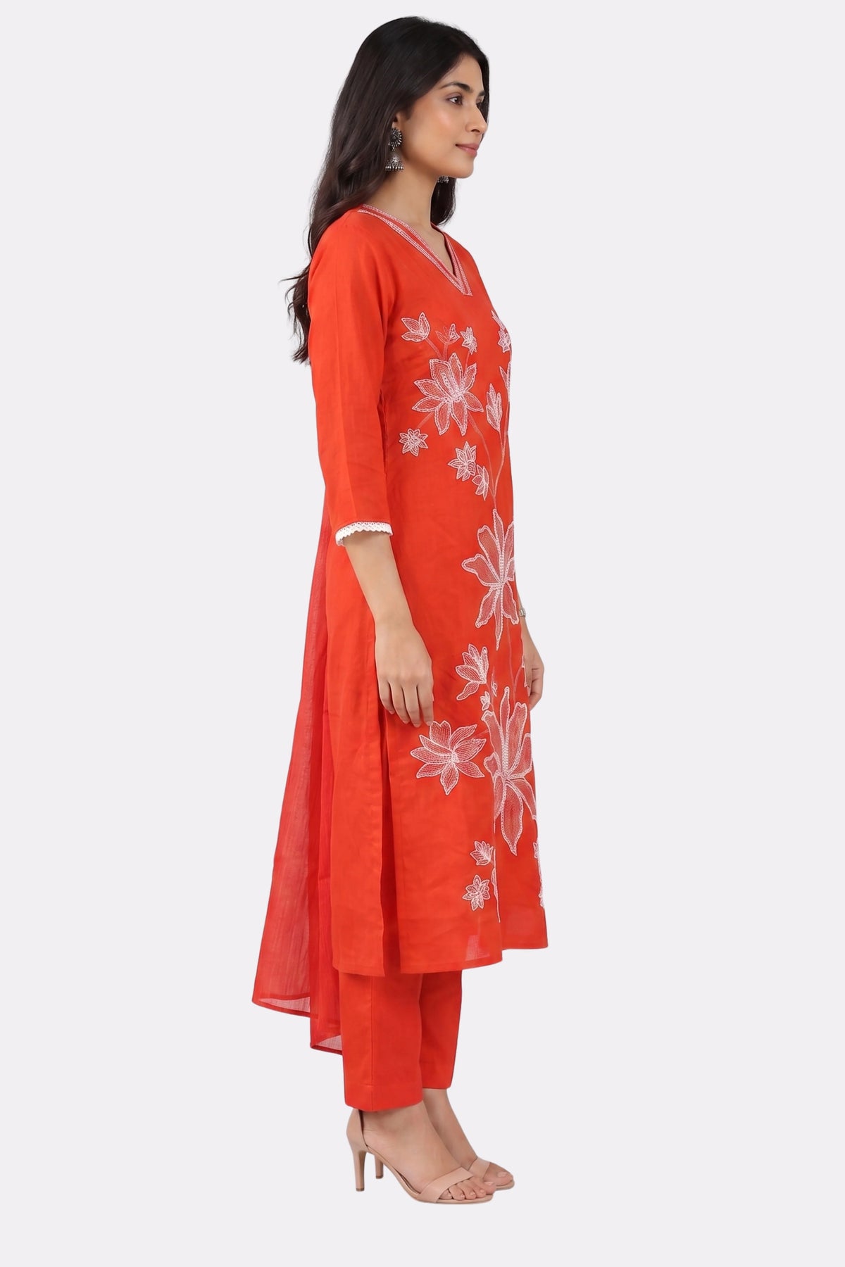 Rust Floral Embroidered Cotton Suit Set-Global Republic