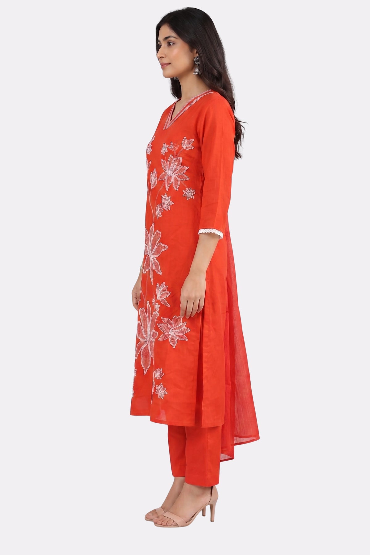 Rust Floral Embroidered Cotton Suit Set-Global Republic