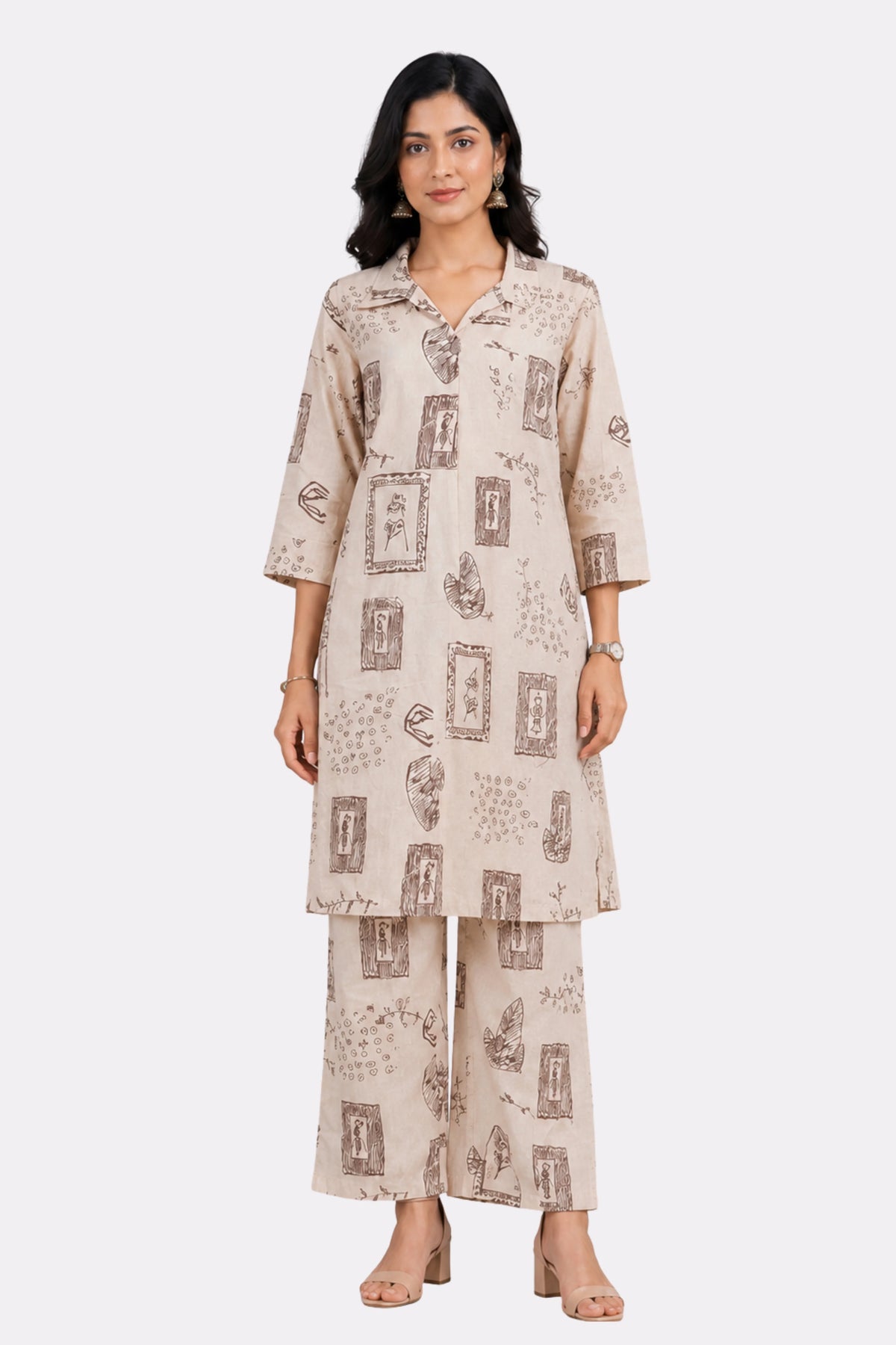 Cream & Wine Abstract Print Cotton Kurta Set-Global Republic