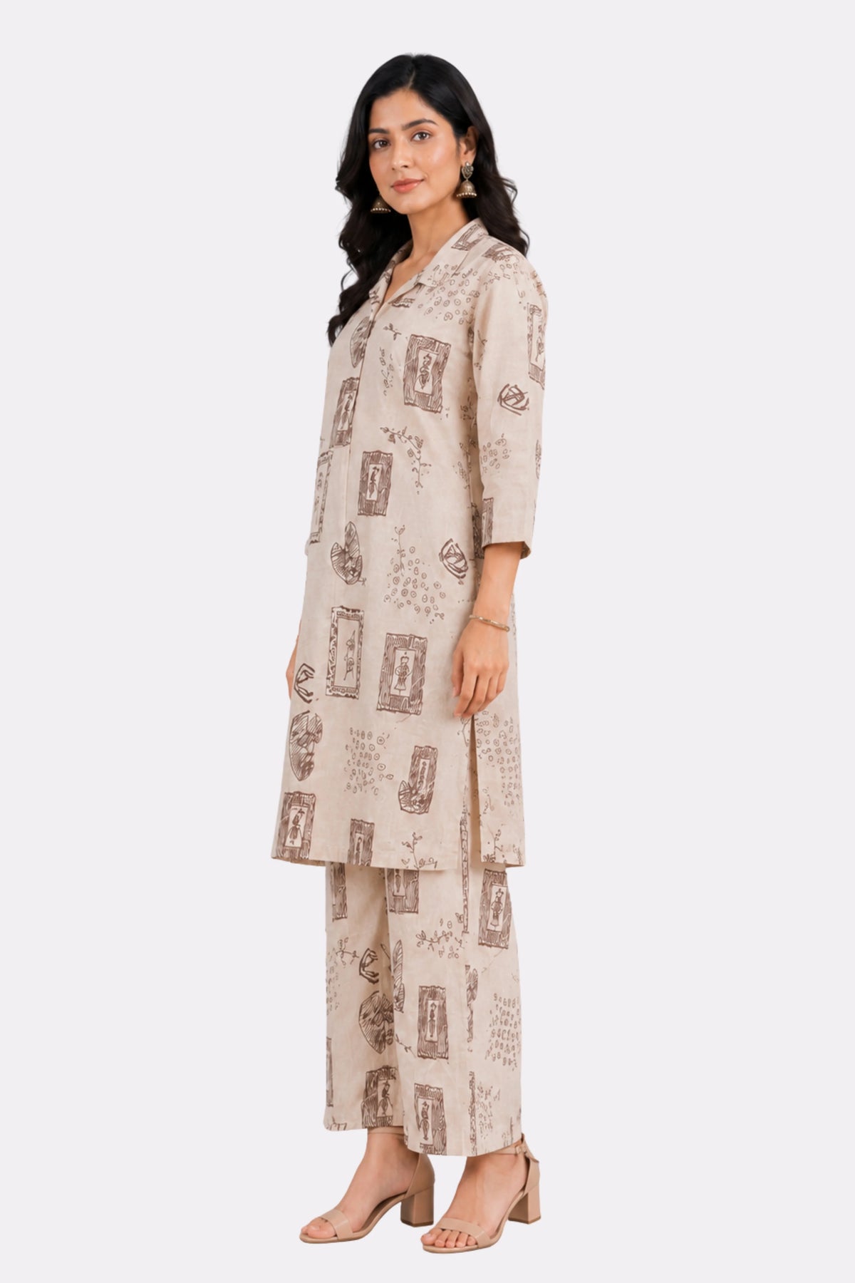 Cream & Wine Abstract Print Cotton Kurta Set-Global Republic