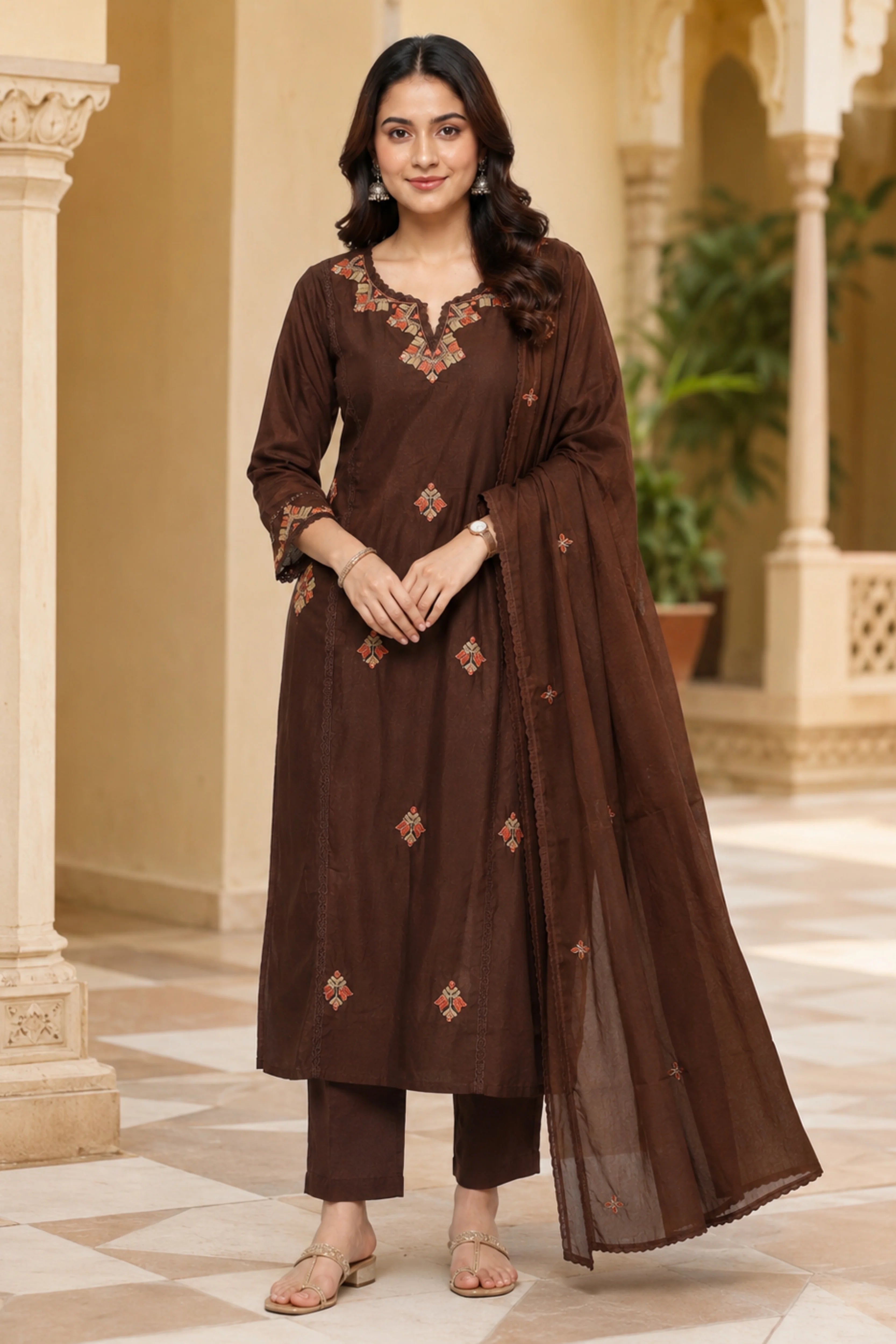 Brown Thread Embroidered Cotton Suit Set-Global Republic