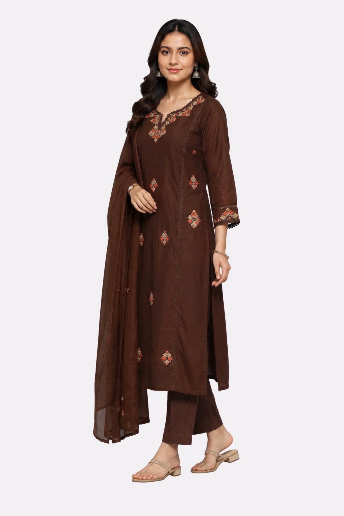 Brown Thread Embroidered Cotton Suit Set-Global Republic