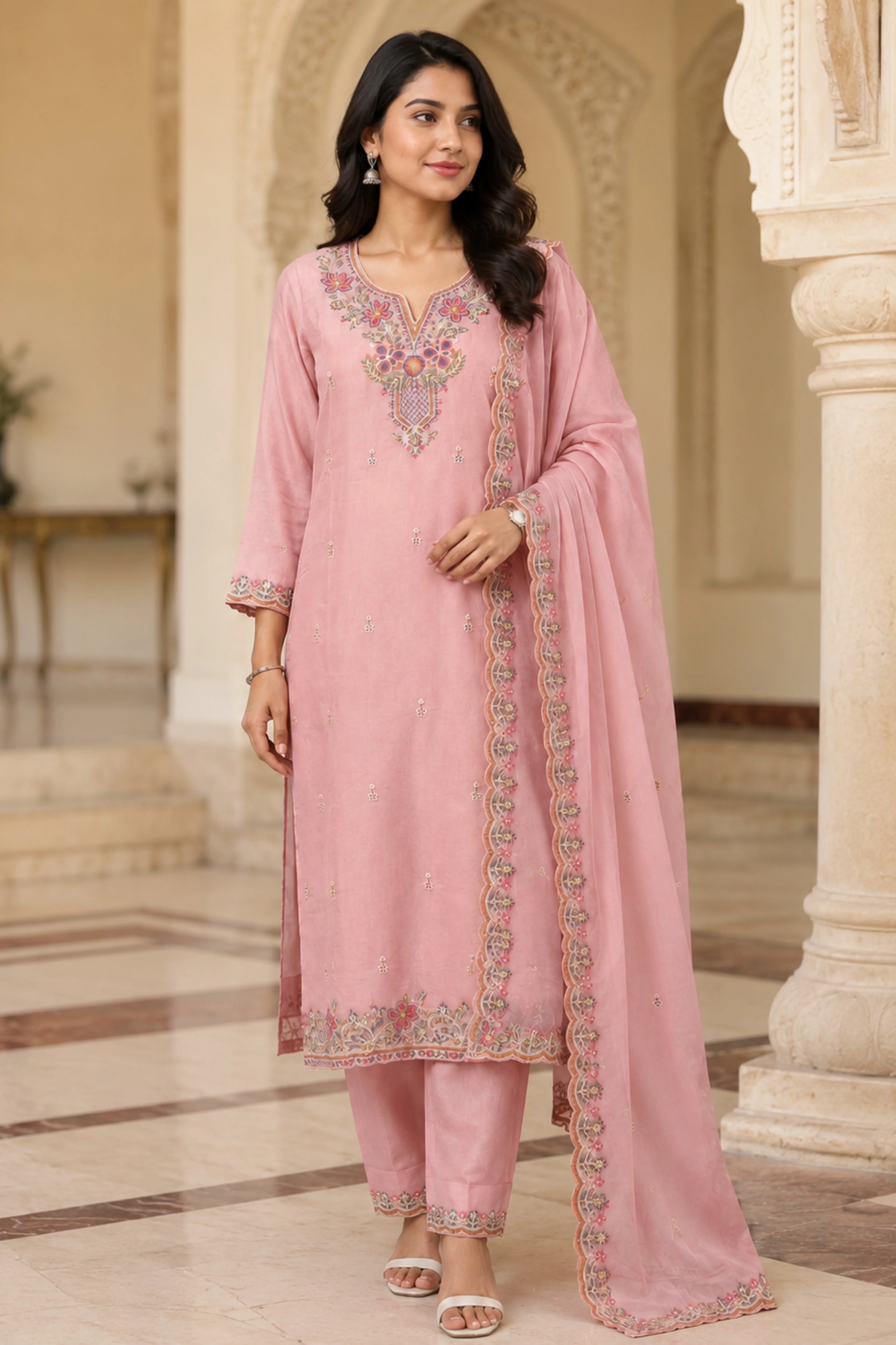 Pink Floral Embroidered Cotton Suit Set-Global Republic