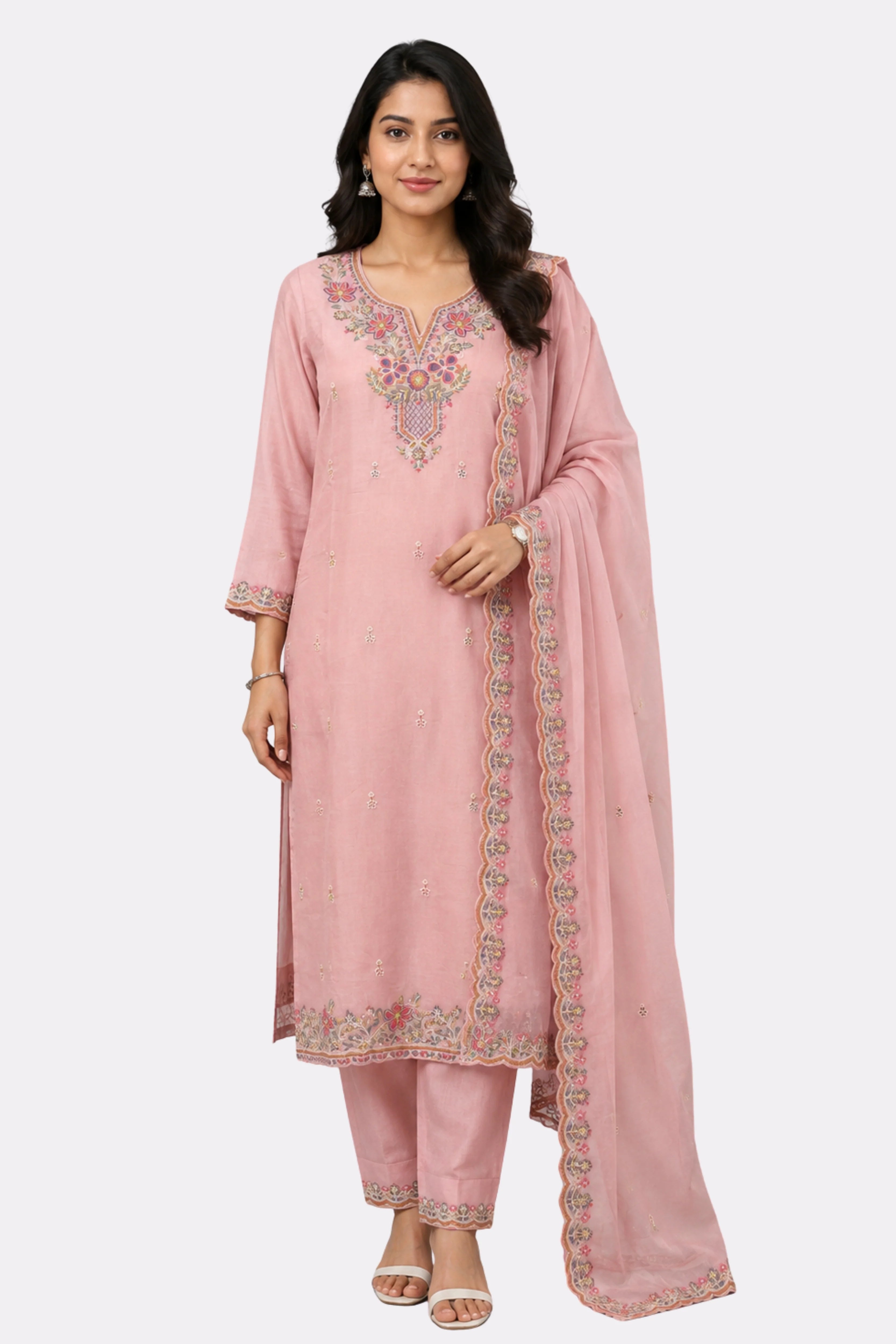 Pink Floral Embroidered Cotton Suit Set-Global Republic