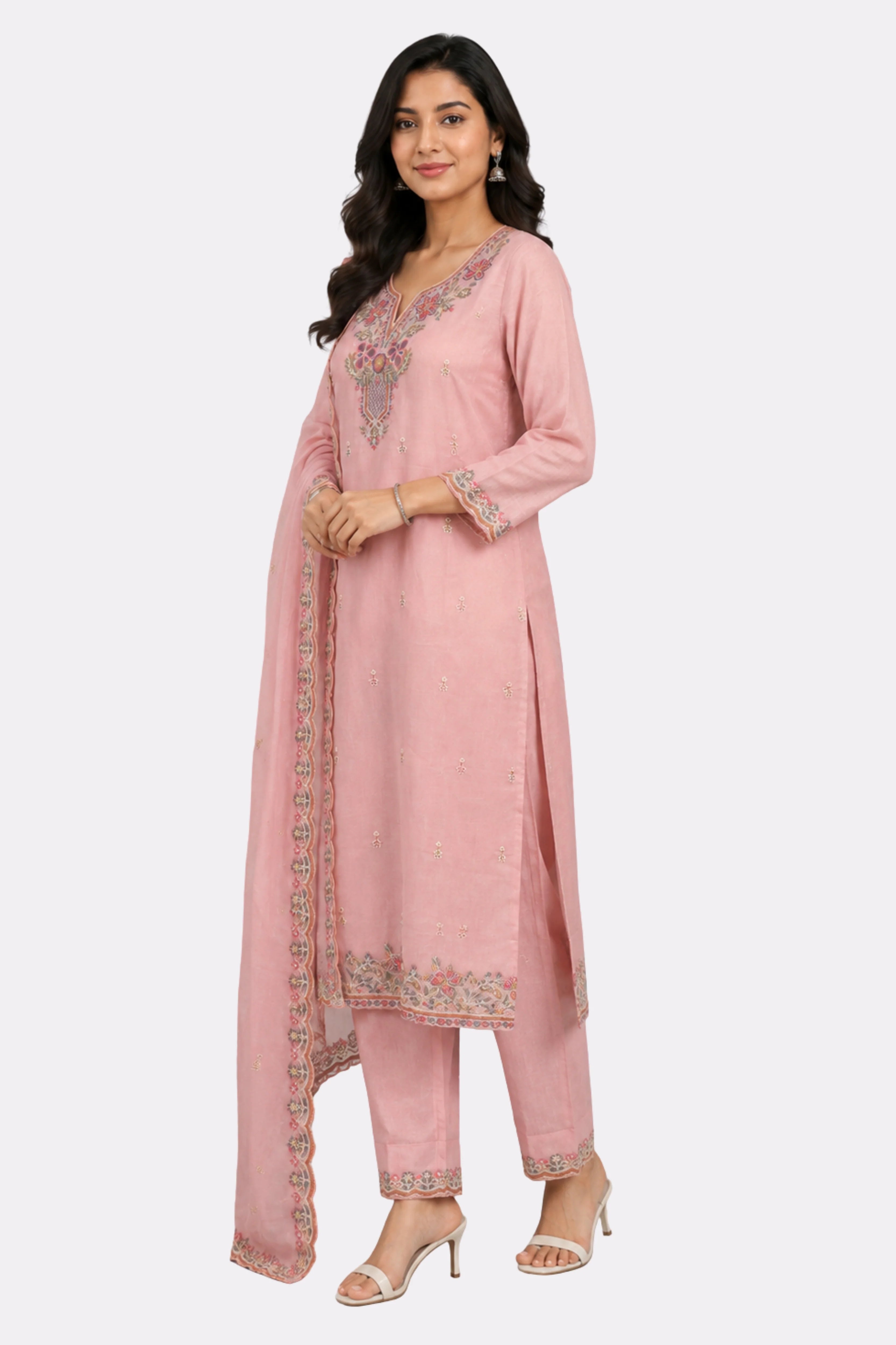 Pink Floral Embroidered Cotton Suit Set-Global Republic