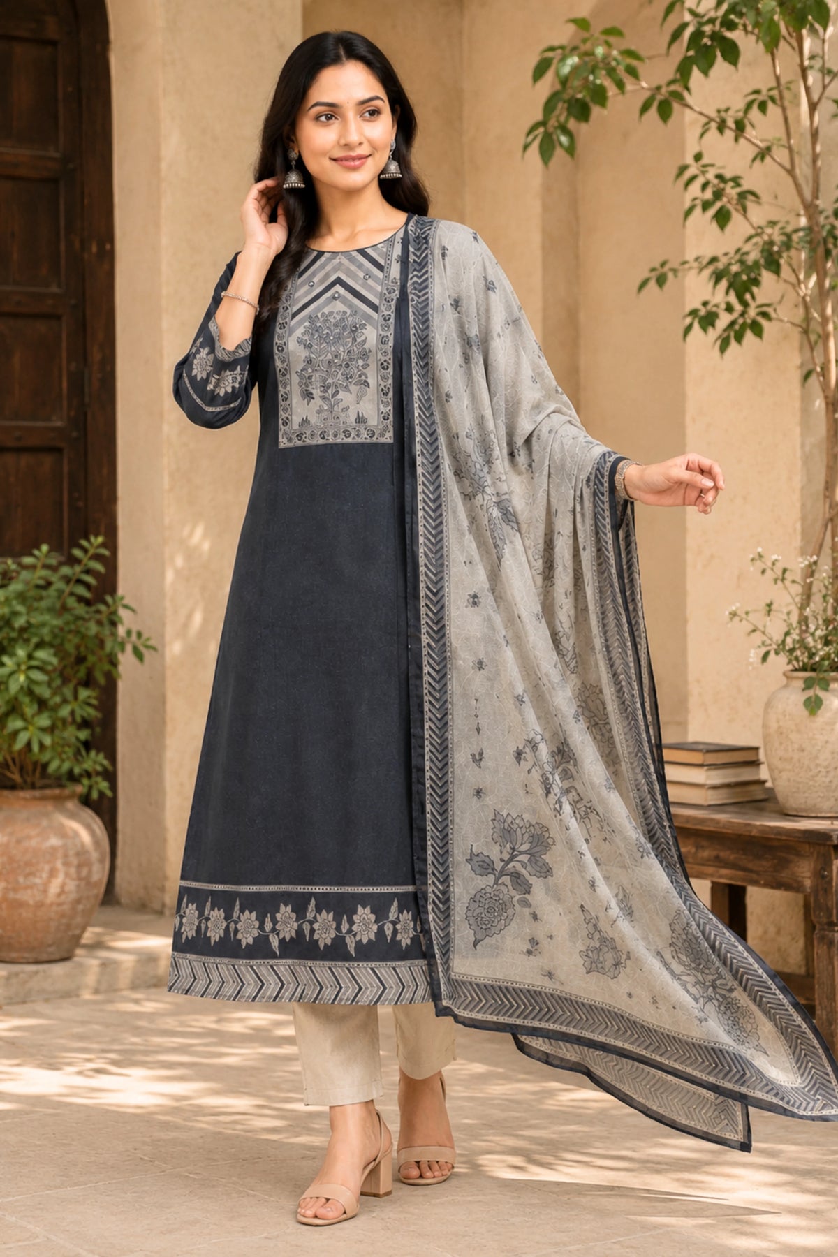 Navy Blue Floral Cotton Suit Set-Global Republic