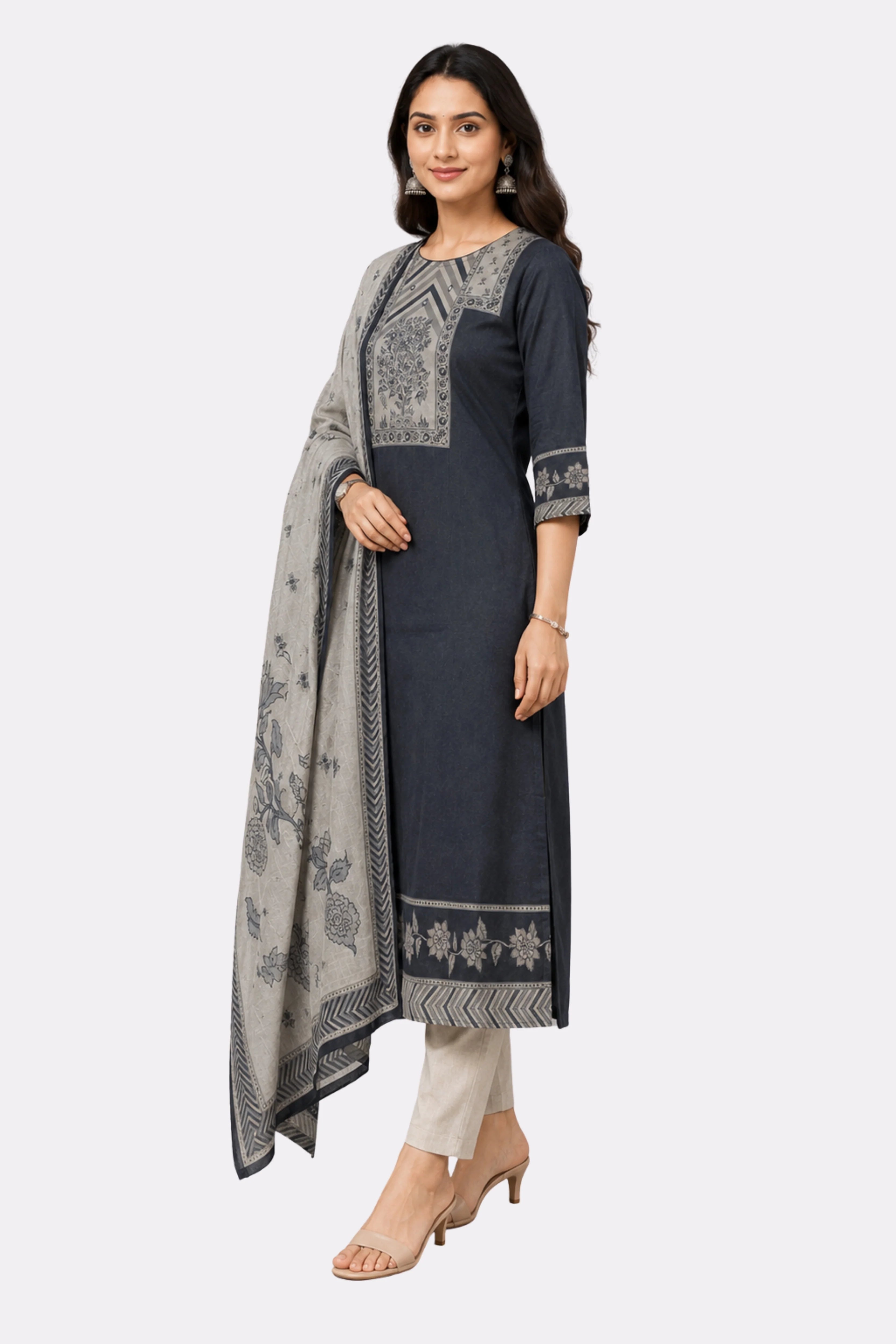 Navy Blue Floral Cotton Suit Set-Global Republic
