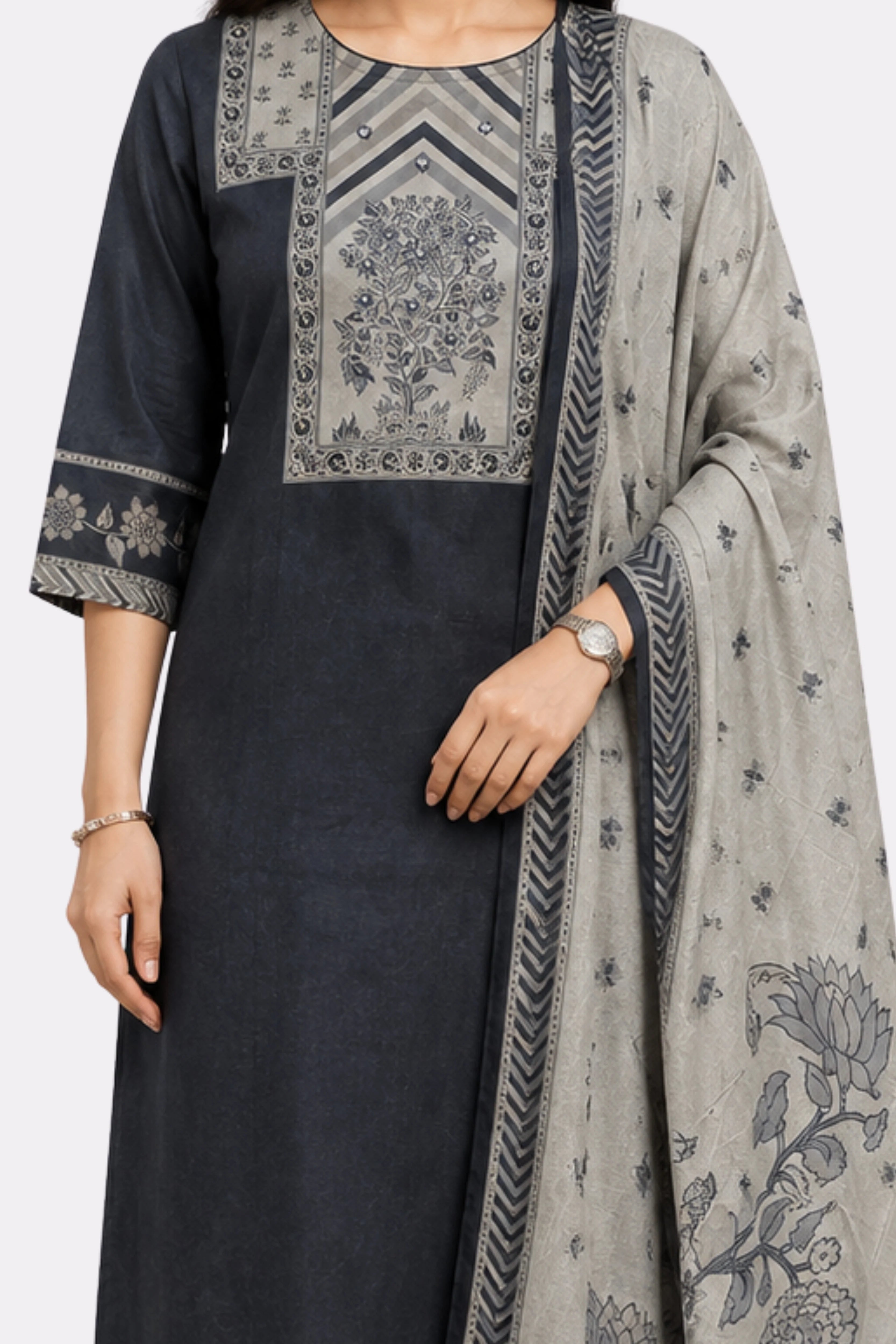 Navy Blue Floral Cotton Suit Set-Global Republic