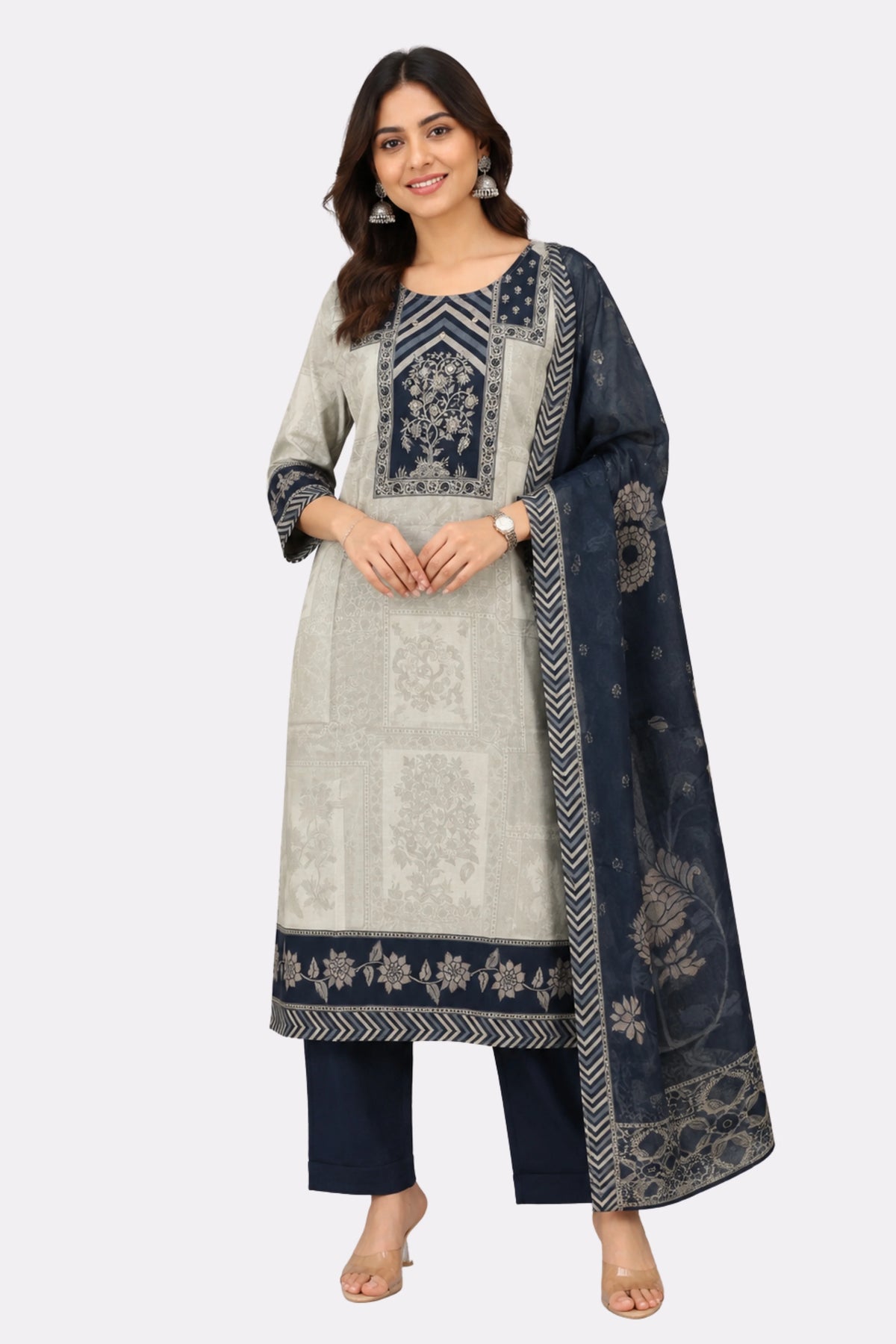 Beige & Black Floral Printed Cotton Suit Set-Global Republic