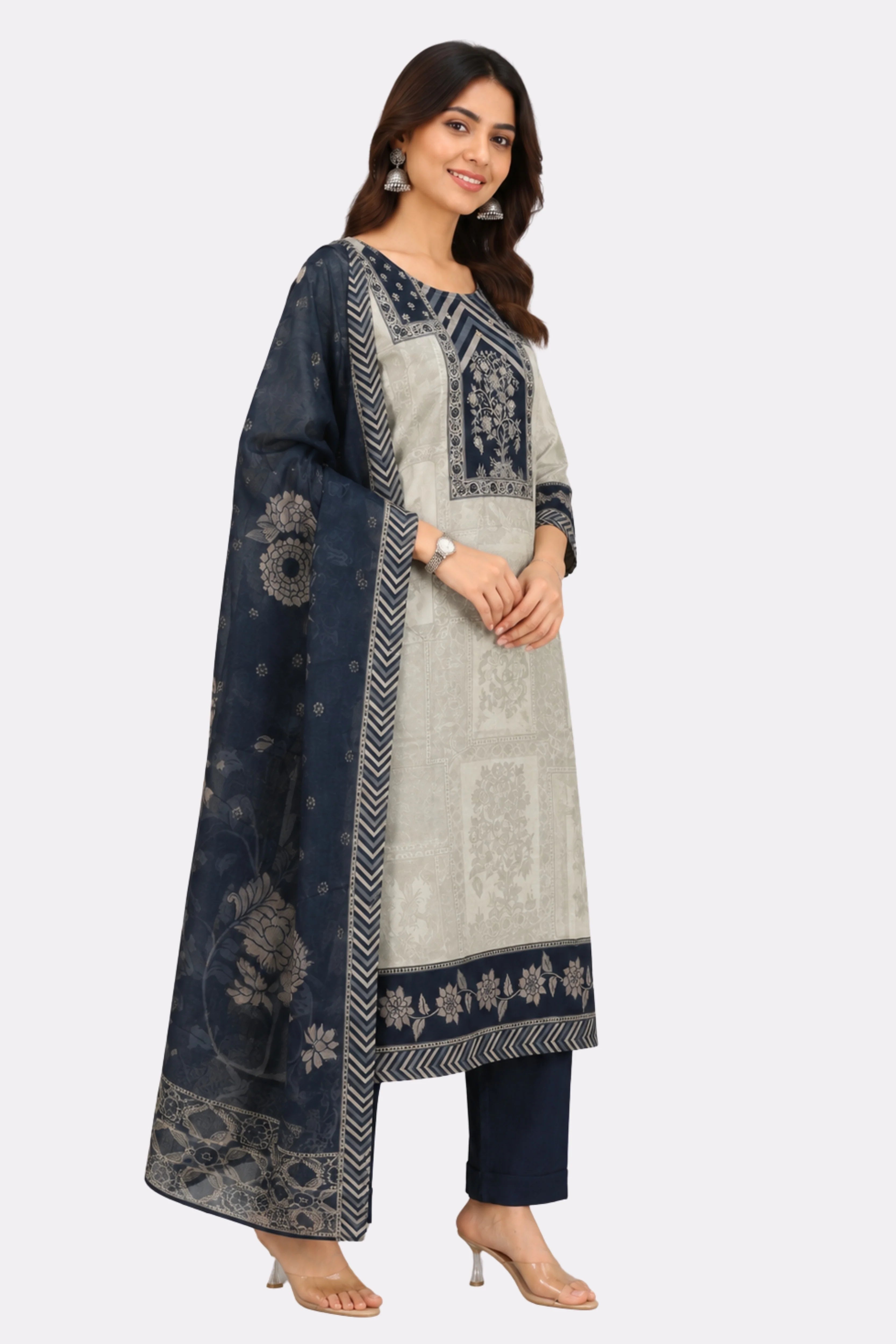Beige & Black Floral Printed Cotton Suit Set-Global Republic