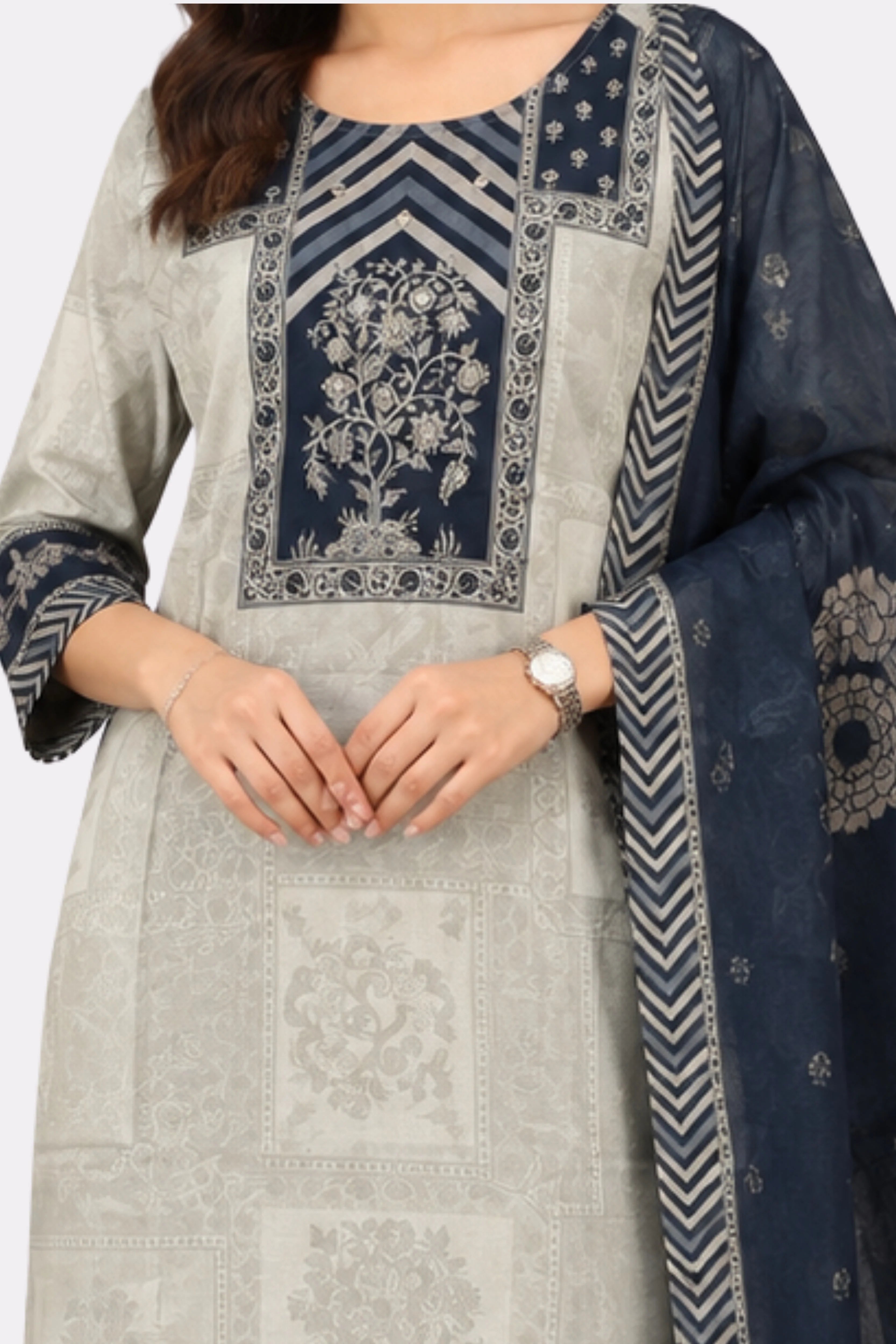 Beige & Black Floral Printed Cotton Suit Set-Global Republic