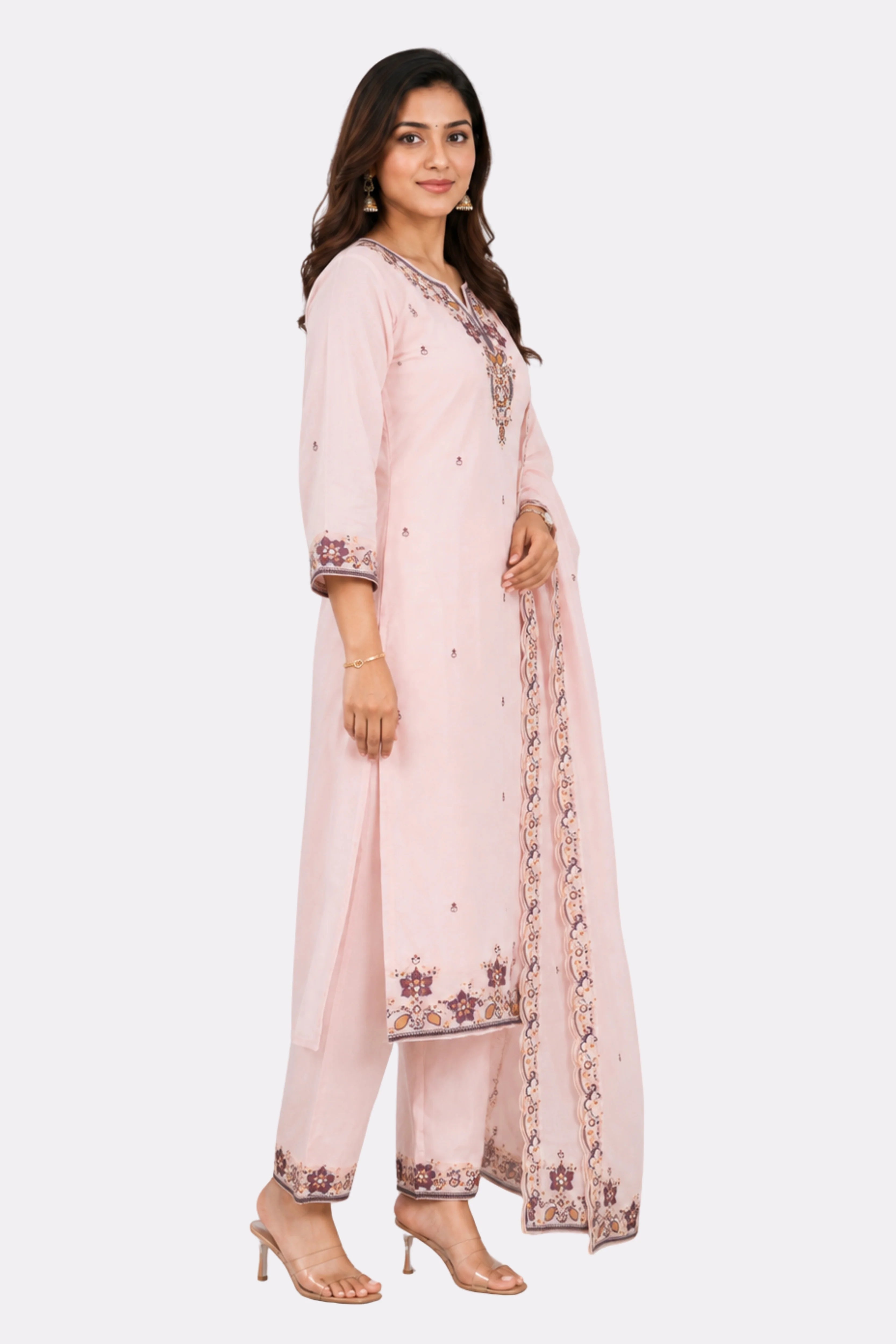 Pink Floral Embroidered Cotton Suit Set-Global Republic