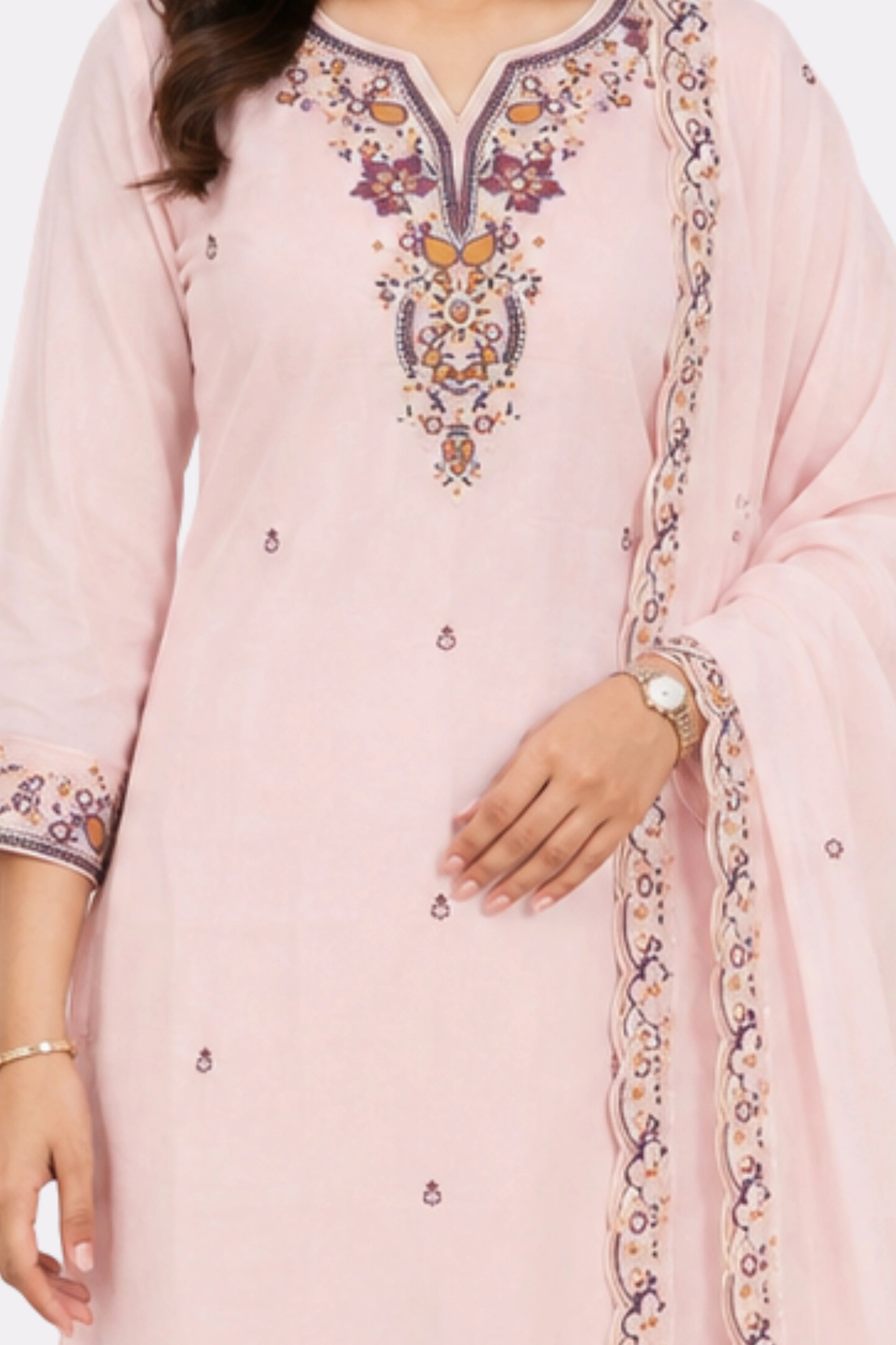 Pink Floral Embroidered Cotton Suit Set-Global Republic
