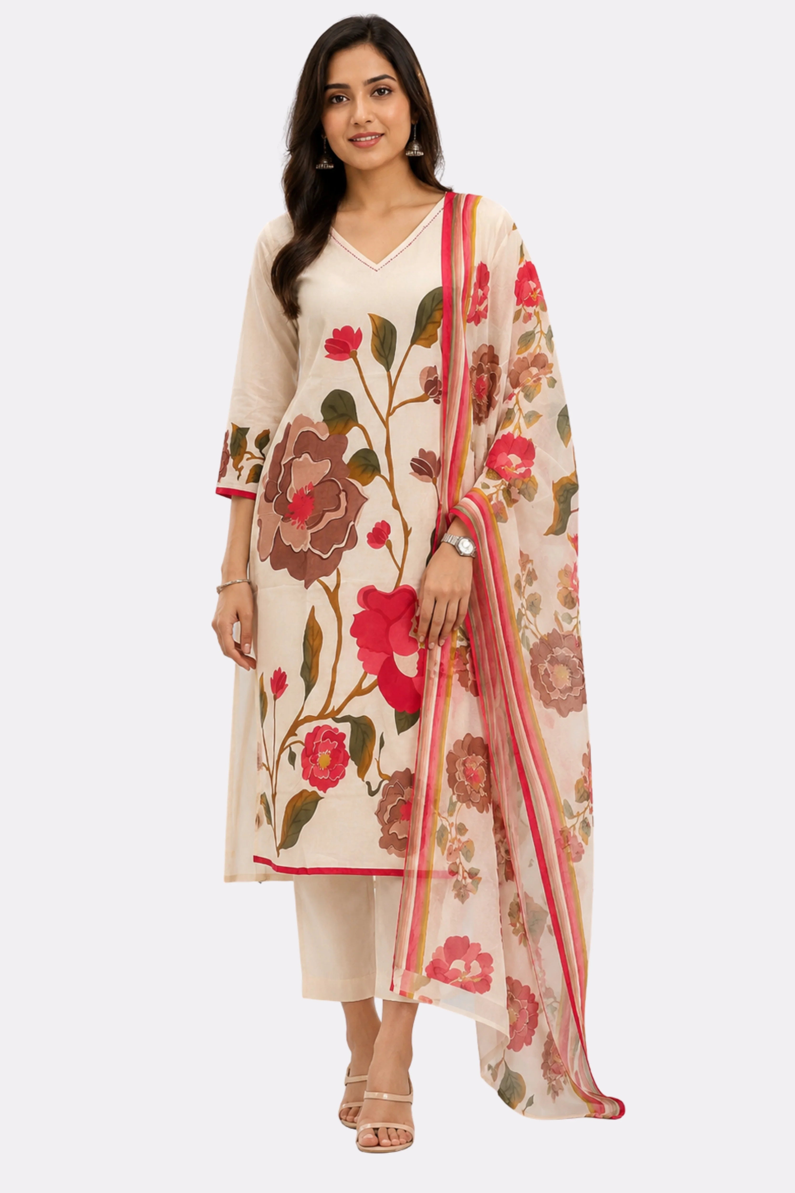 Cream Floral Printed Suit Set-Global Republic