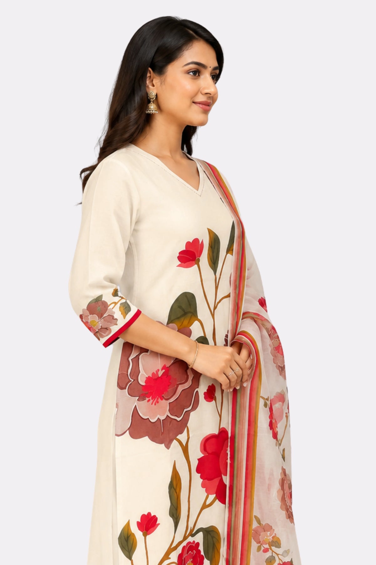 Cream Floral Printed Suit Set-Global Republic