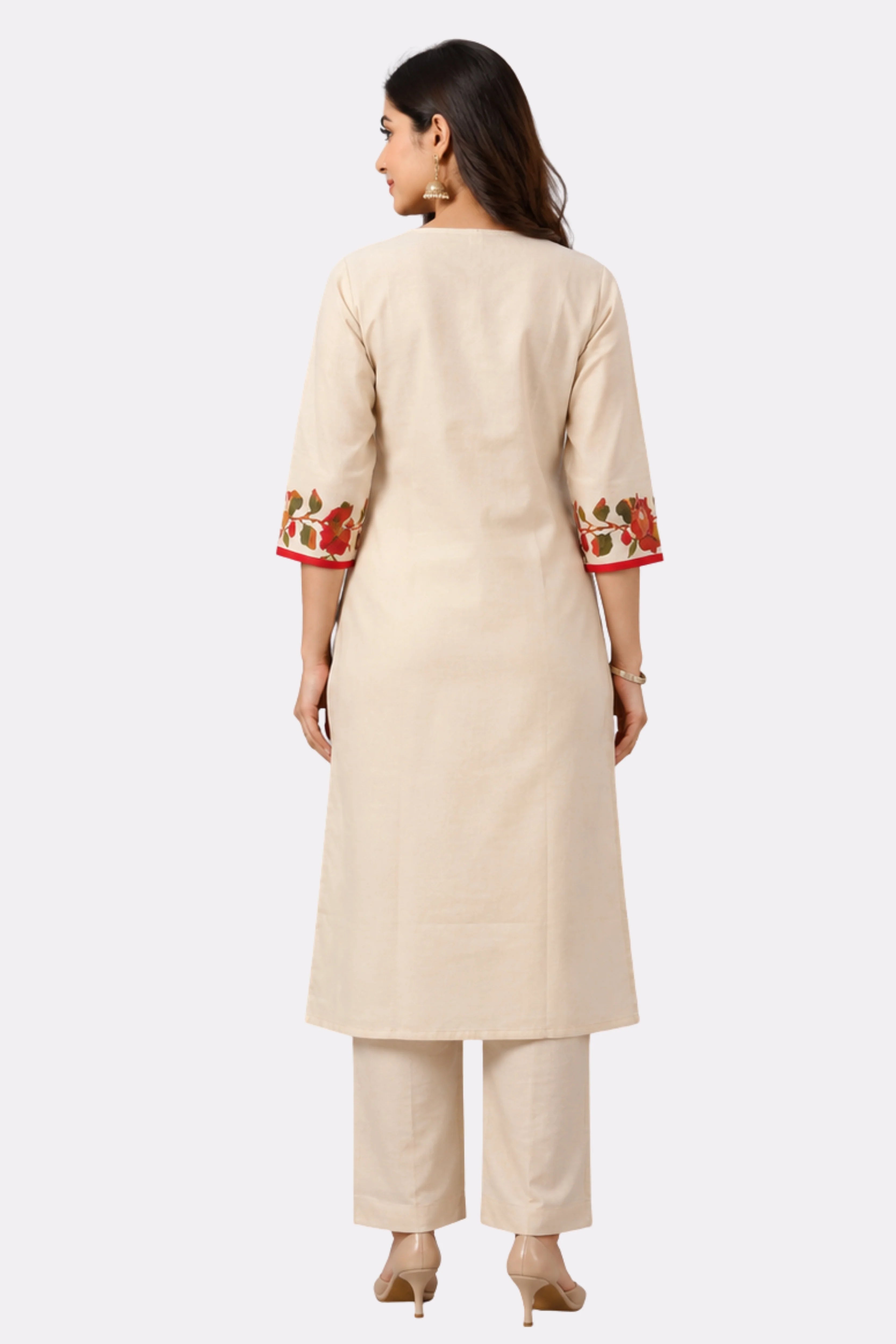 Cream Floral Printed Suit Set-Global Republic