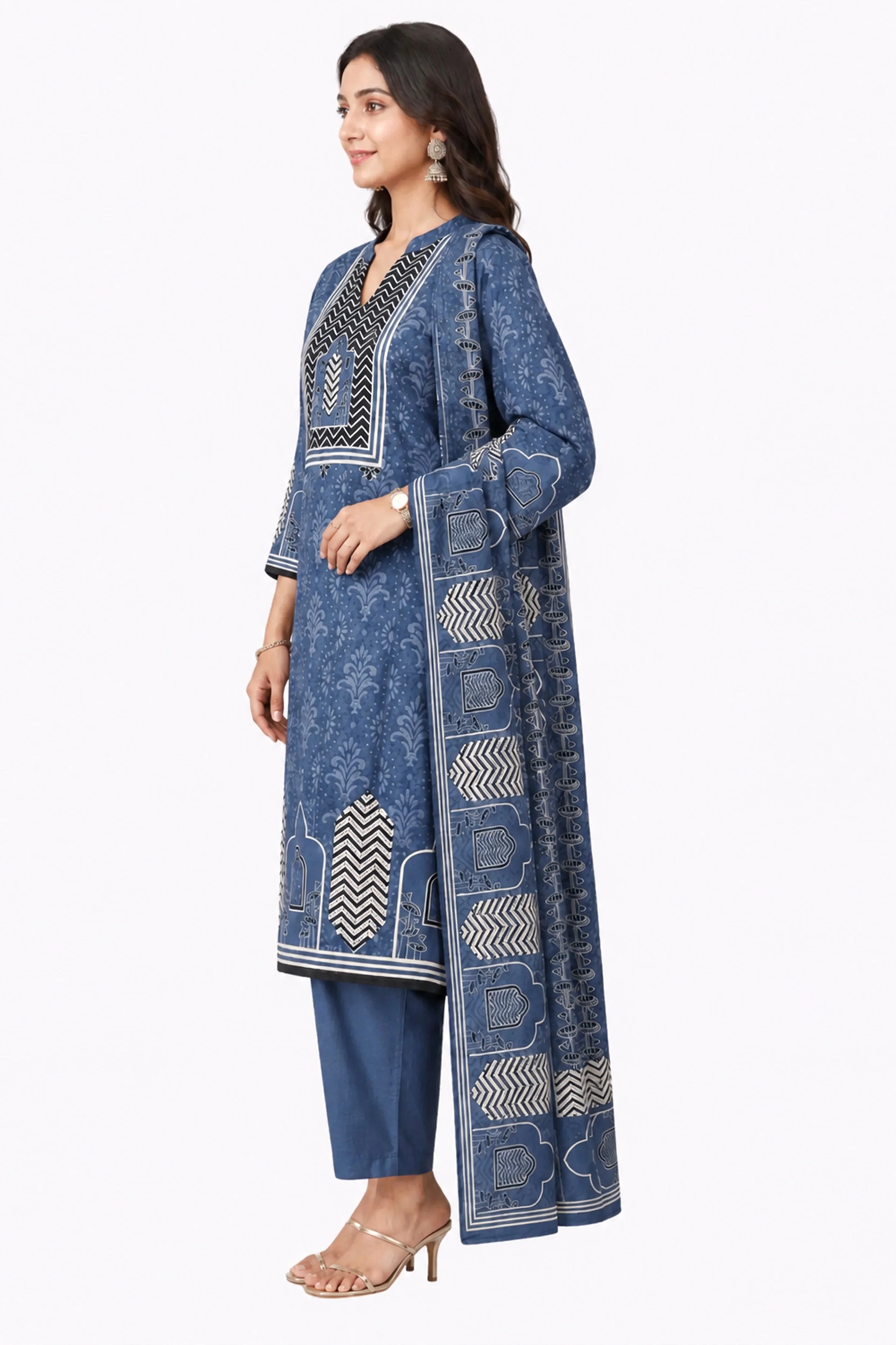 Blue Printed Cotton Suit Set-Global Republic