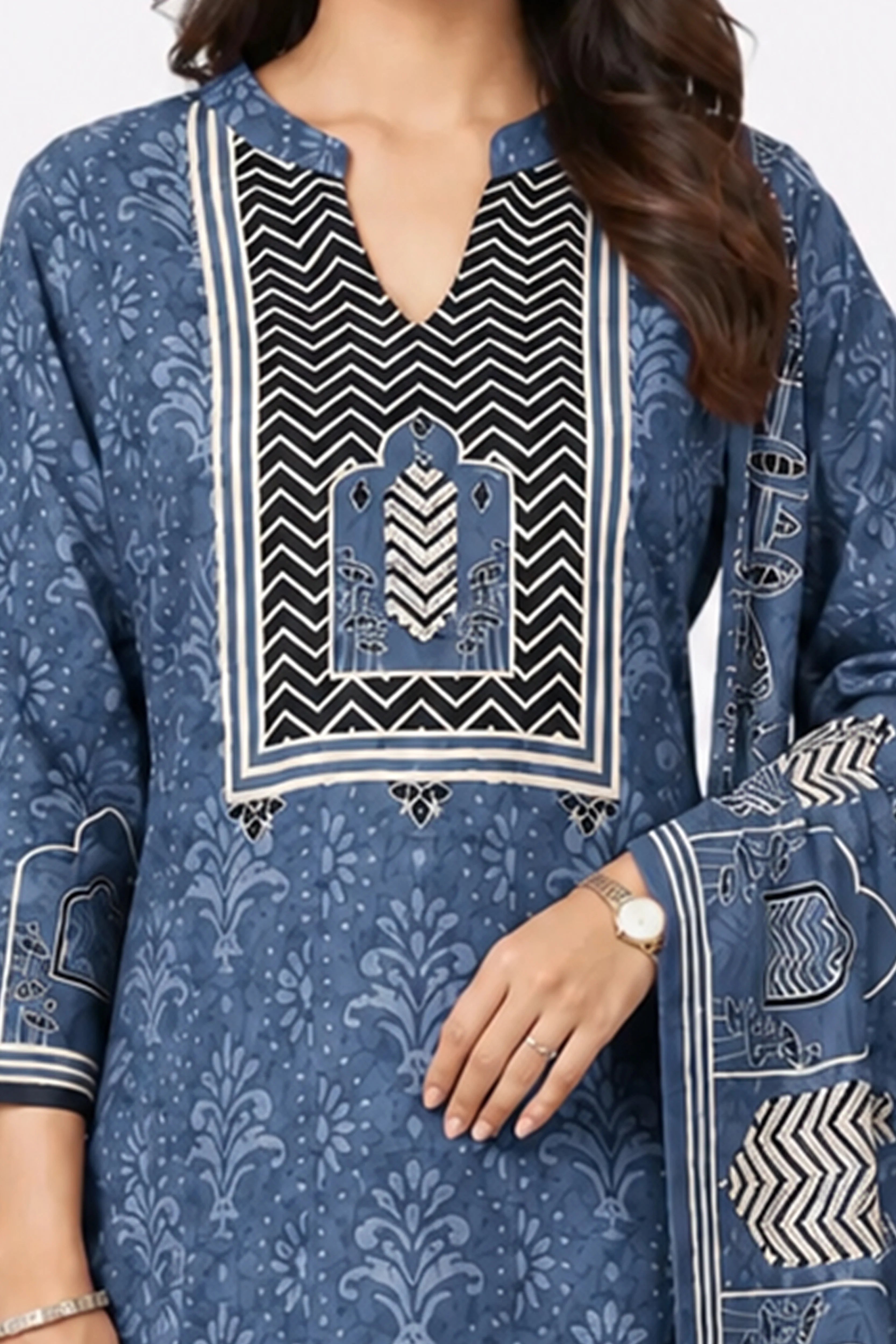 Blue Printed Cotton Suit Set-Global Republic