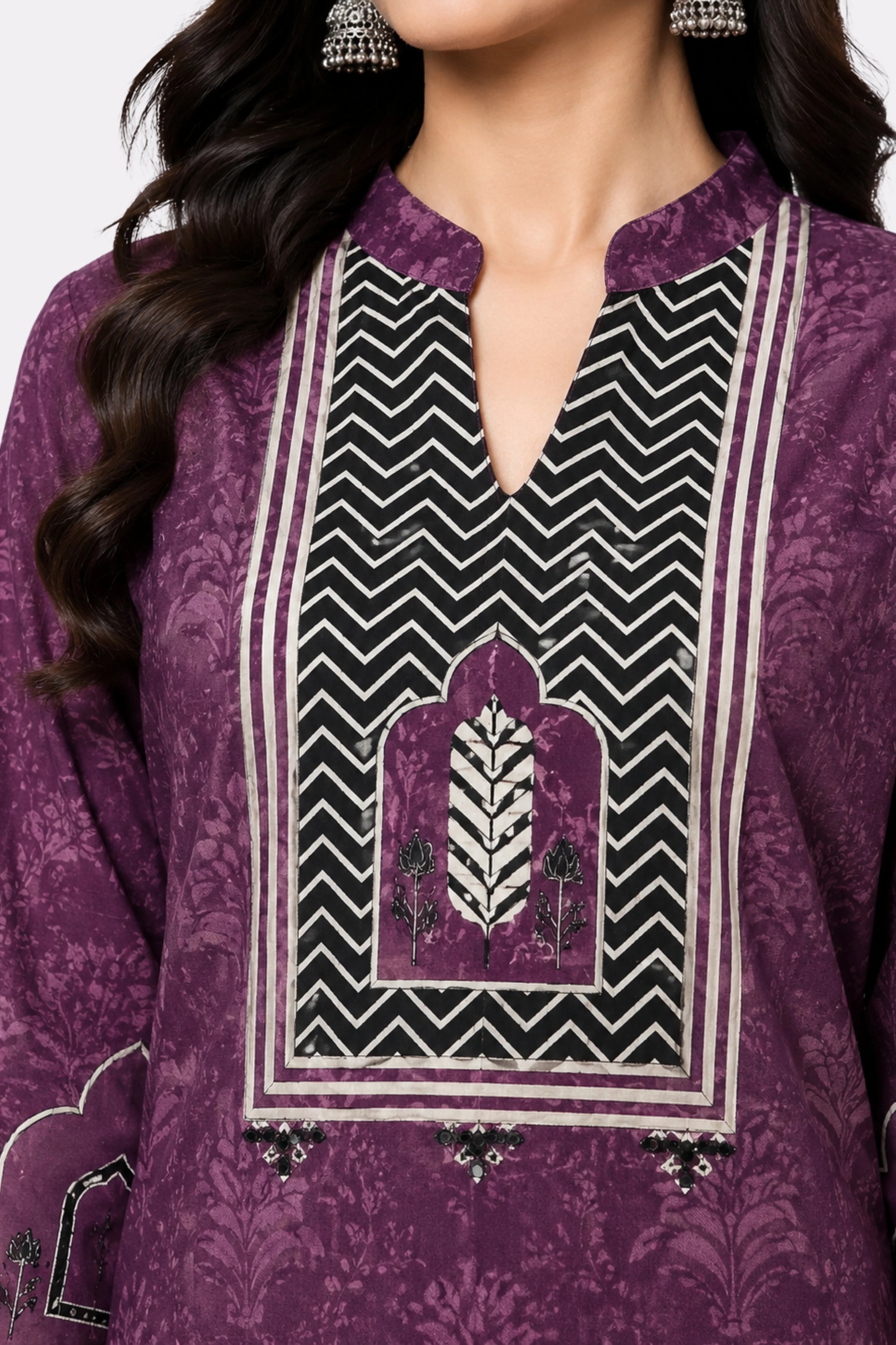 Purple Printed Cotton Suit Set-Global Republic