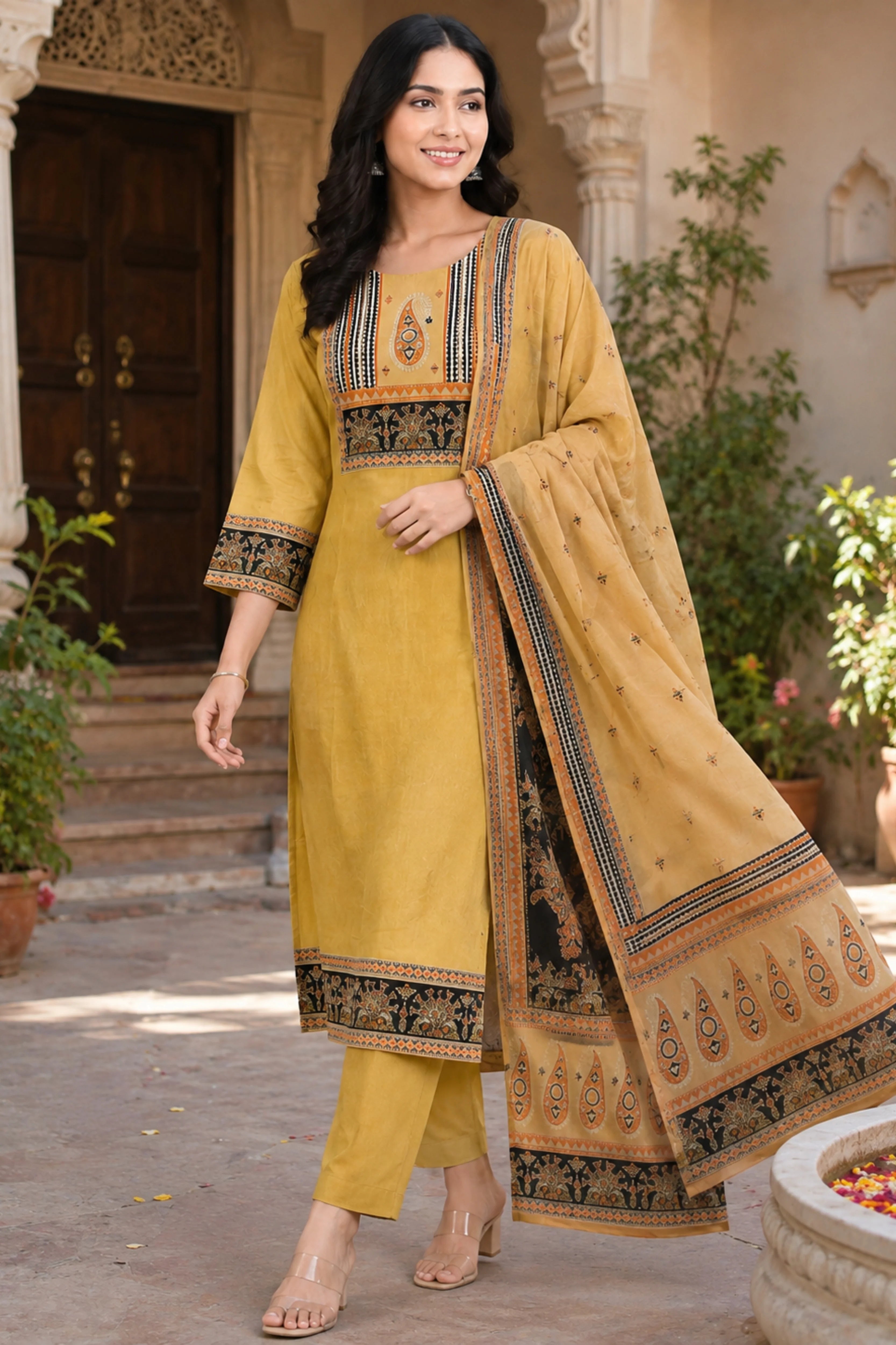 Cream Printed Cotton Suit Set-Global Republic