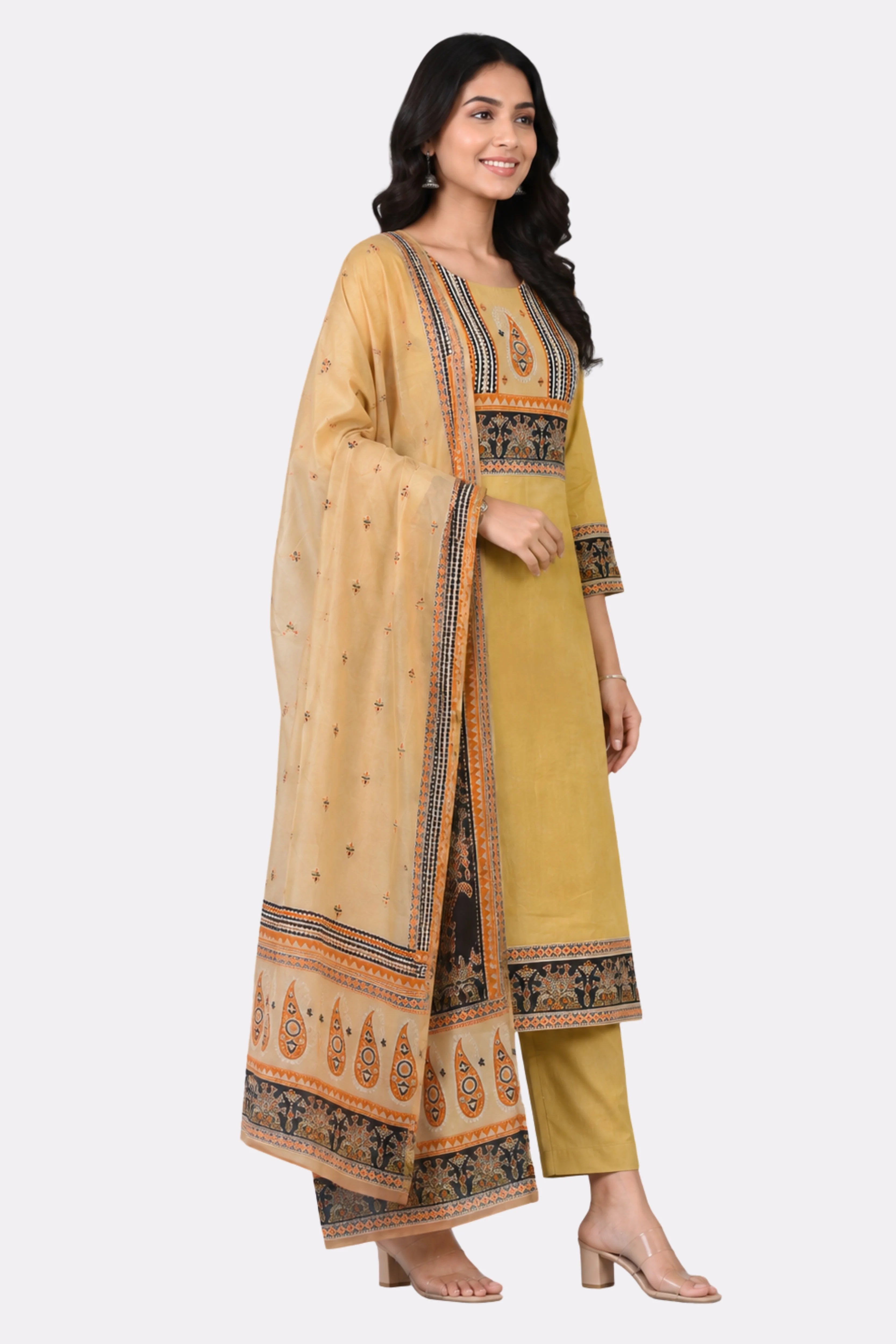 Cream Printed Cotton Suit Set-Global Republic