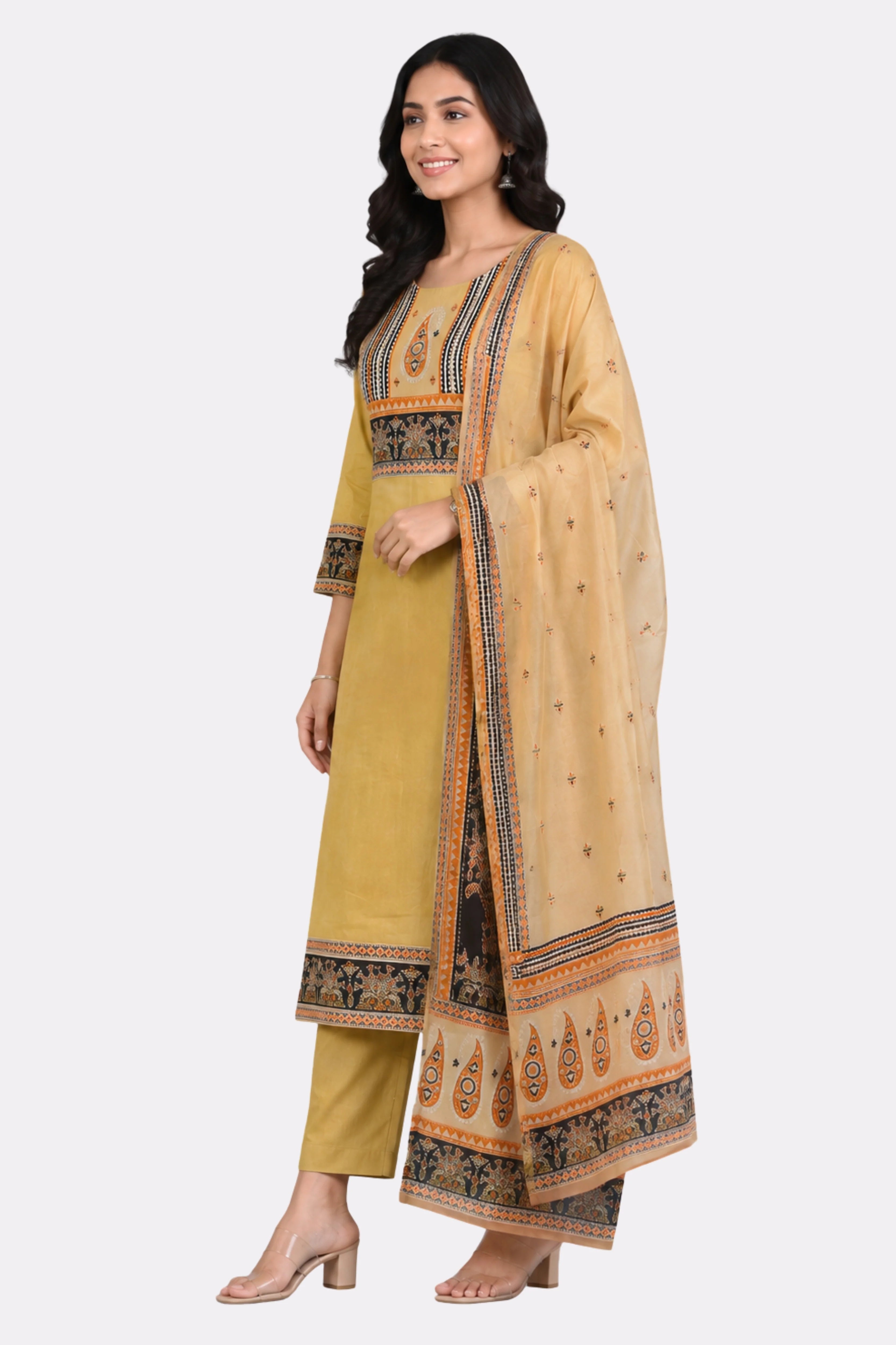 Cream Printed Cotton Suit Set-Global Republic