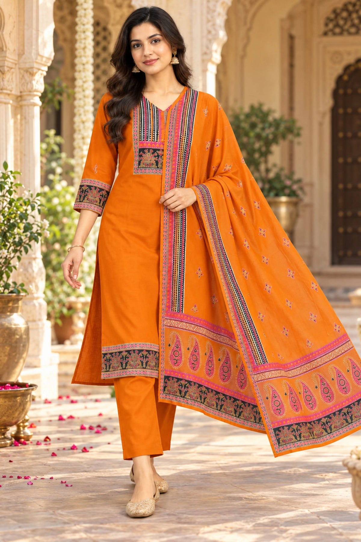 Orange Printed Ethnic Suit Set-Global Republic