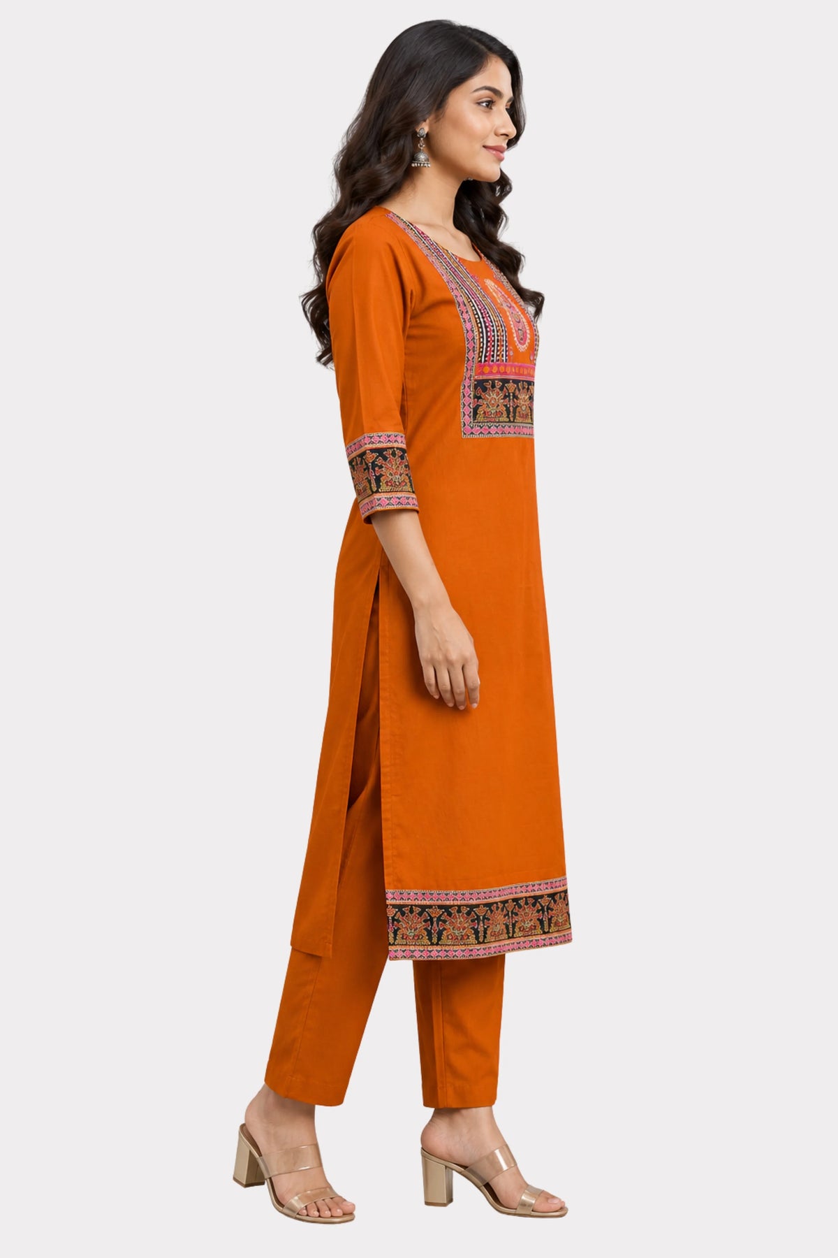 Orange Printed Ethnic Suit Set-Global Republic