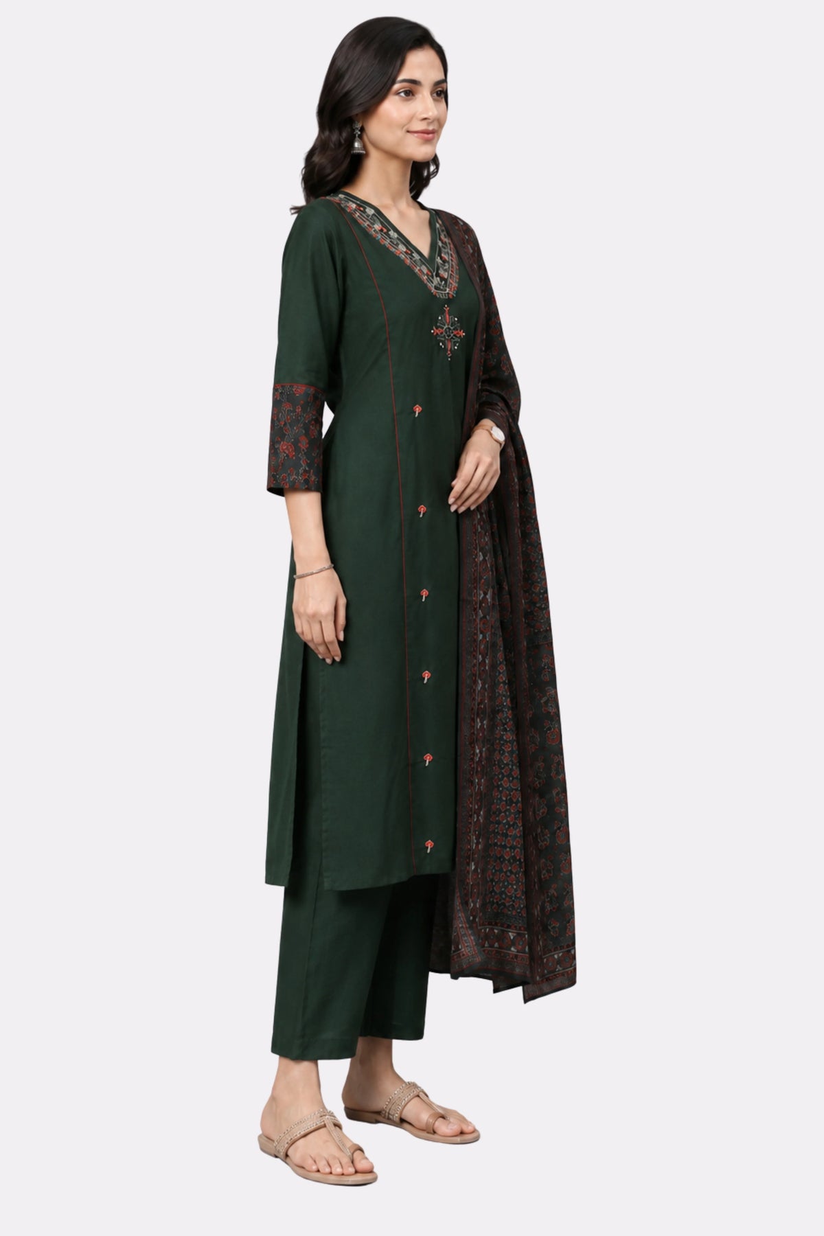 Green Embroidered Cotton Suit Set-Global Republic