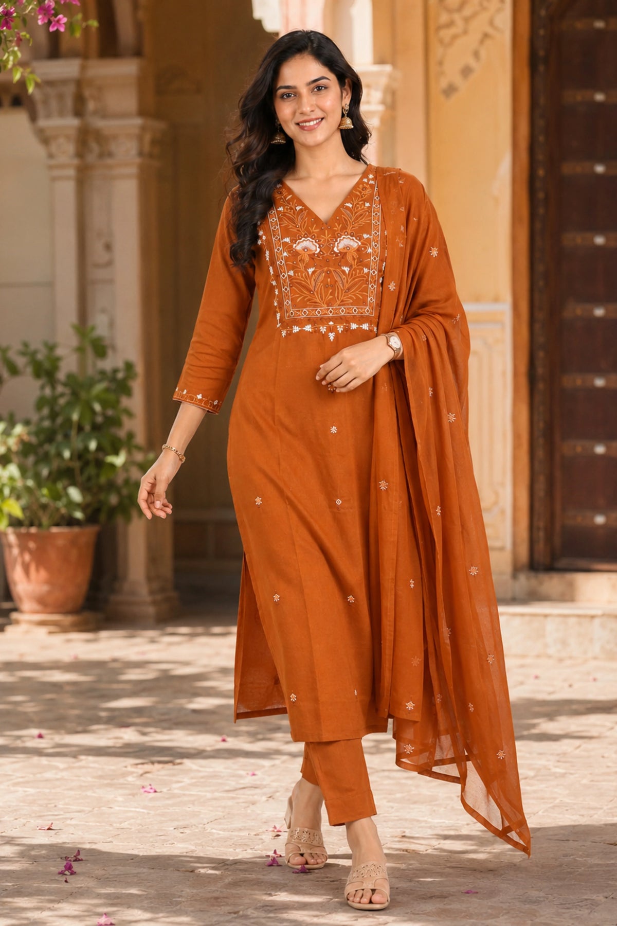 Mustard Floral Embroidered Cotton Suit Set-Global Republic