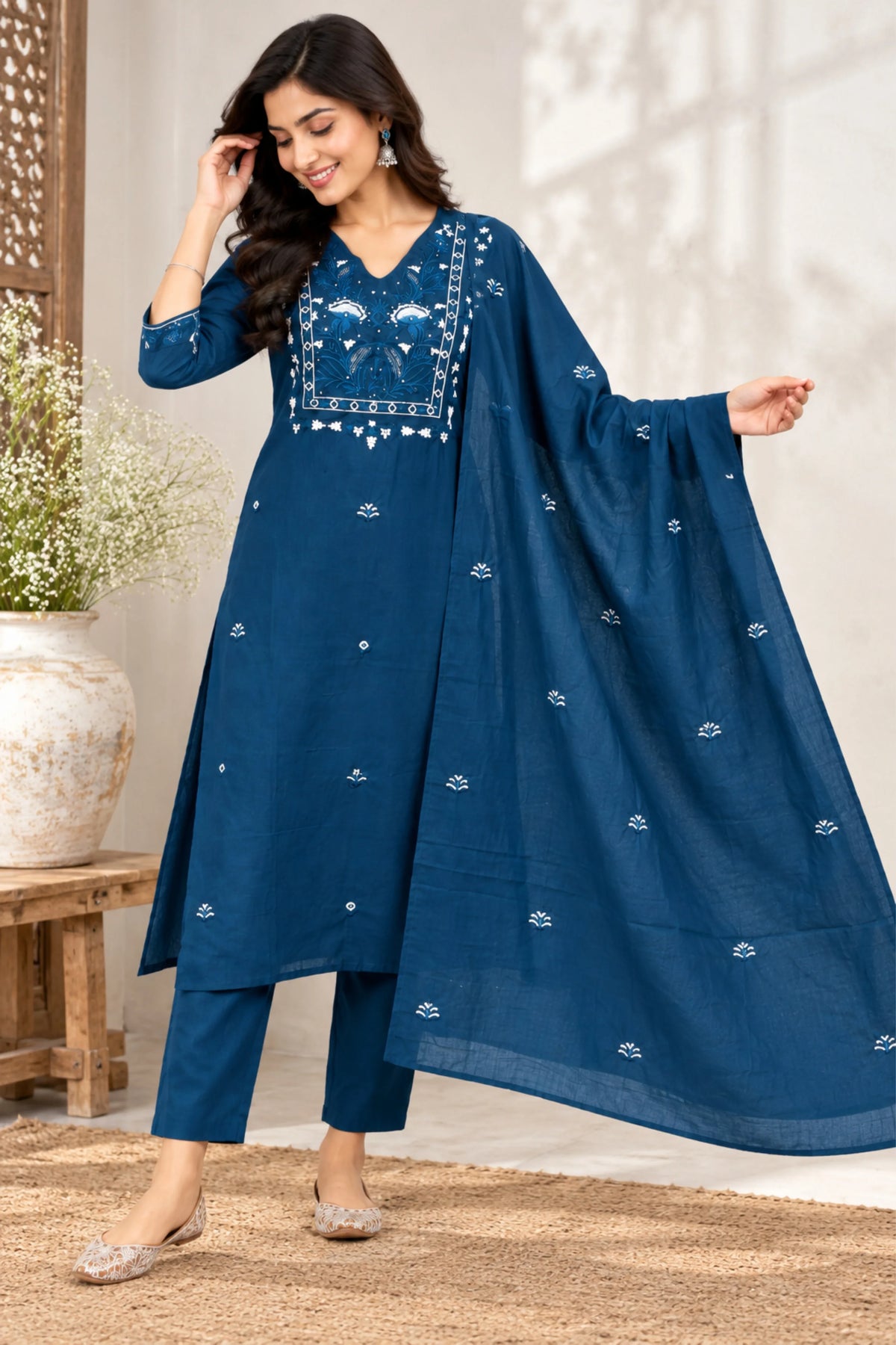 Peacock Blue Floral Embroidered Suit Set-Global Republic