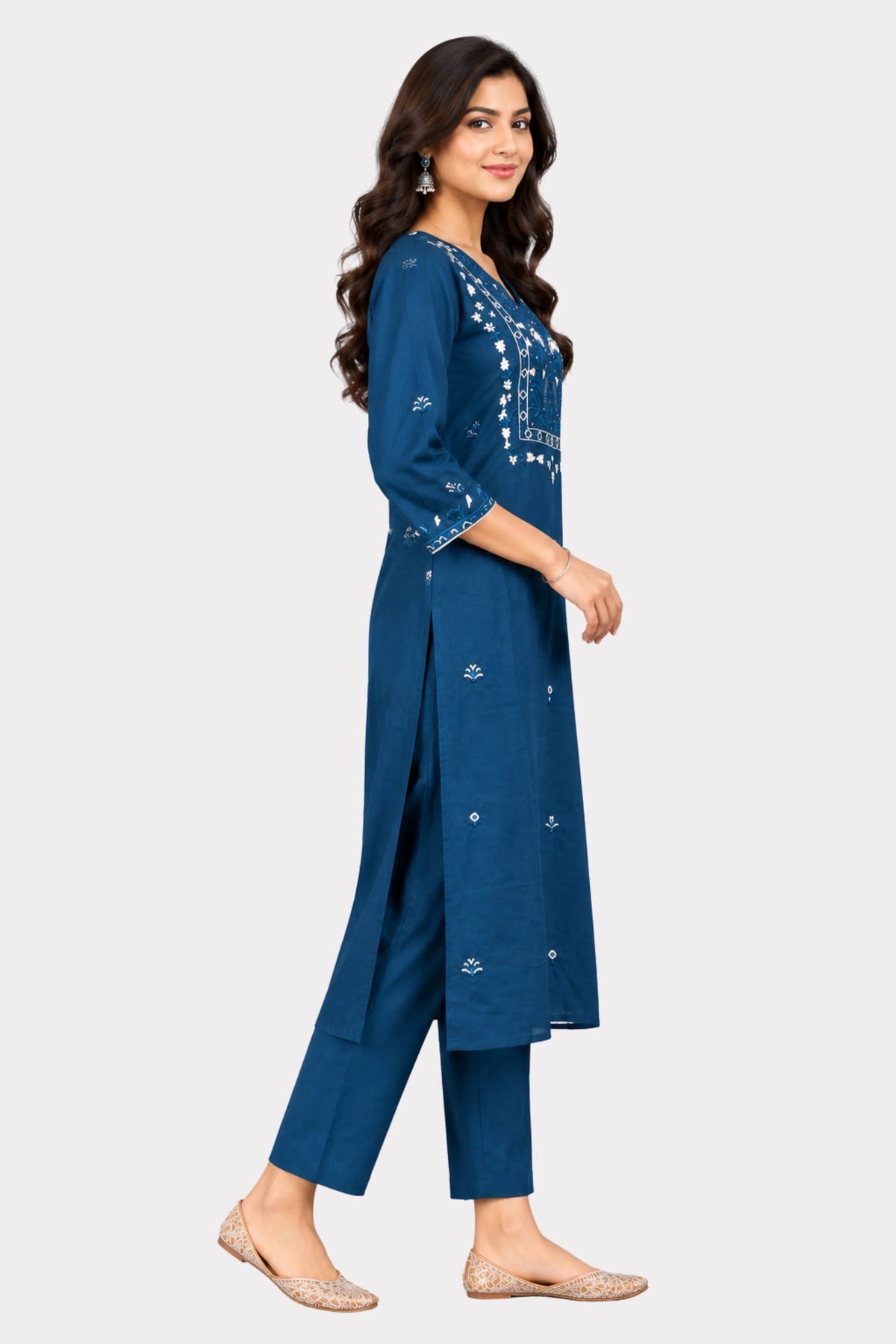 Peacock Blue Floral Embroidered Suit Set-Global Republic