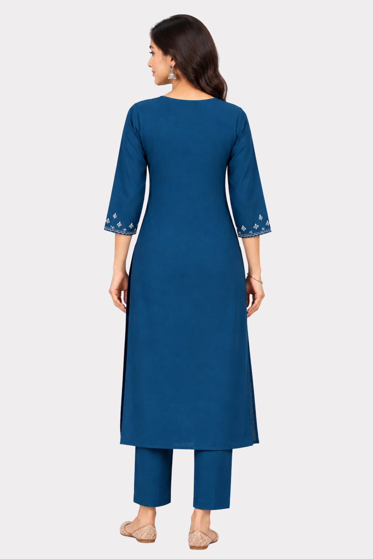 Peacock Blue Floral Embroidered Suit Set-Global Republic