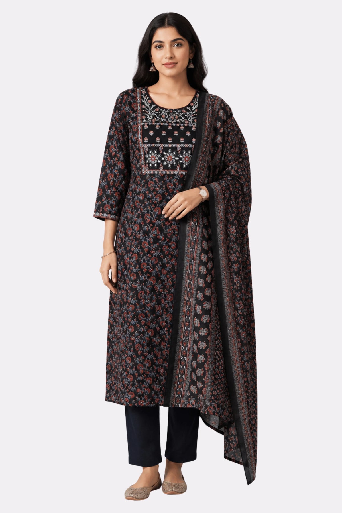 Black Floral Cotton Suit Set-Global Republic