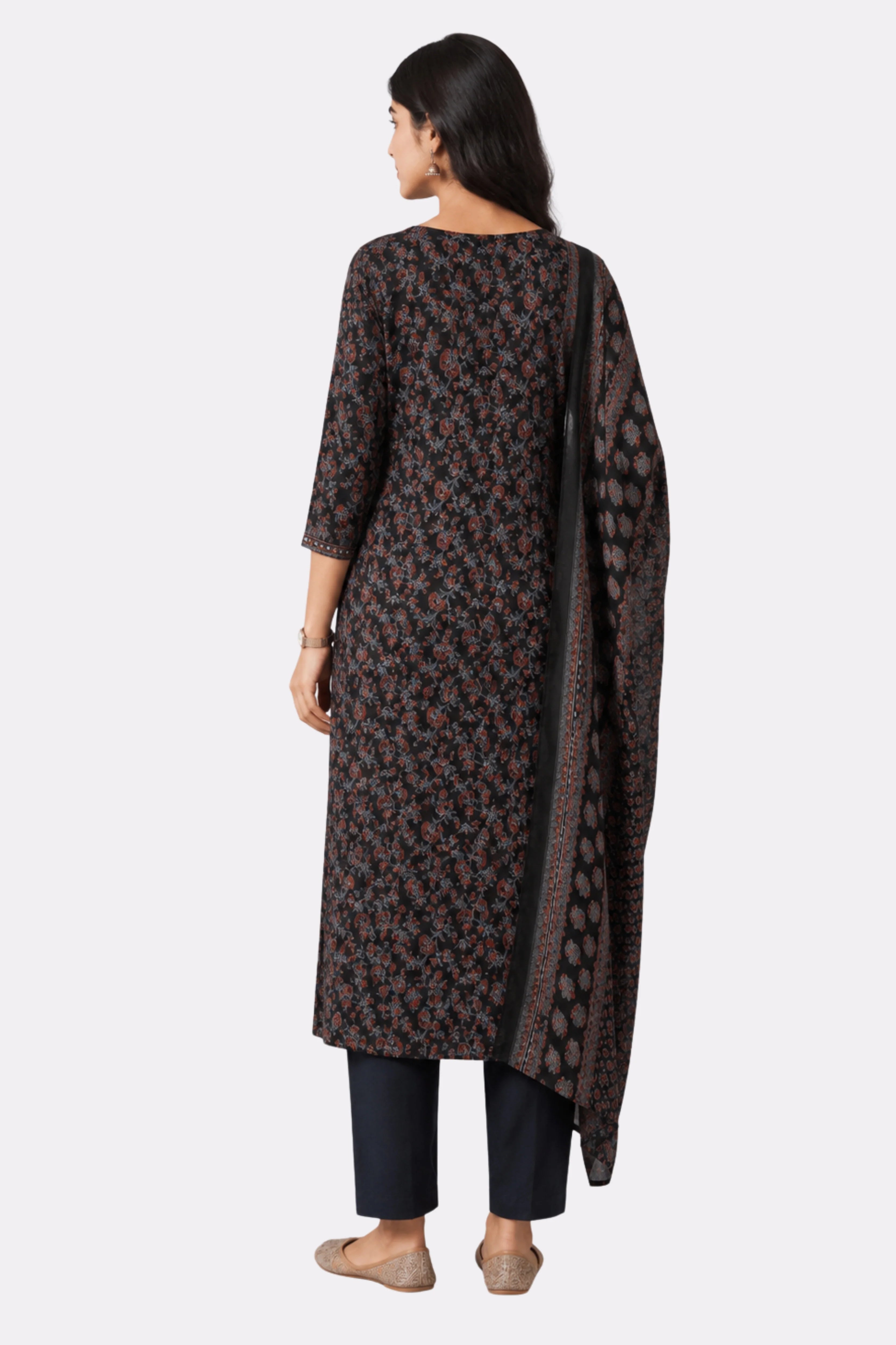 Black Floral Cotton Suit Set-Global Republic