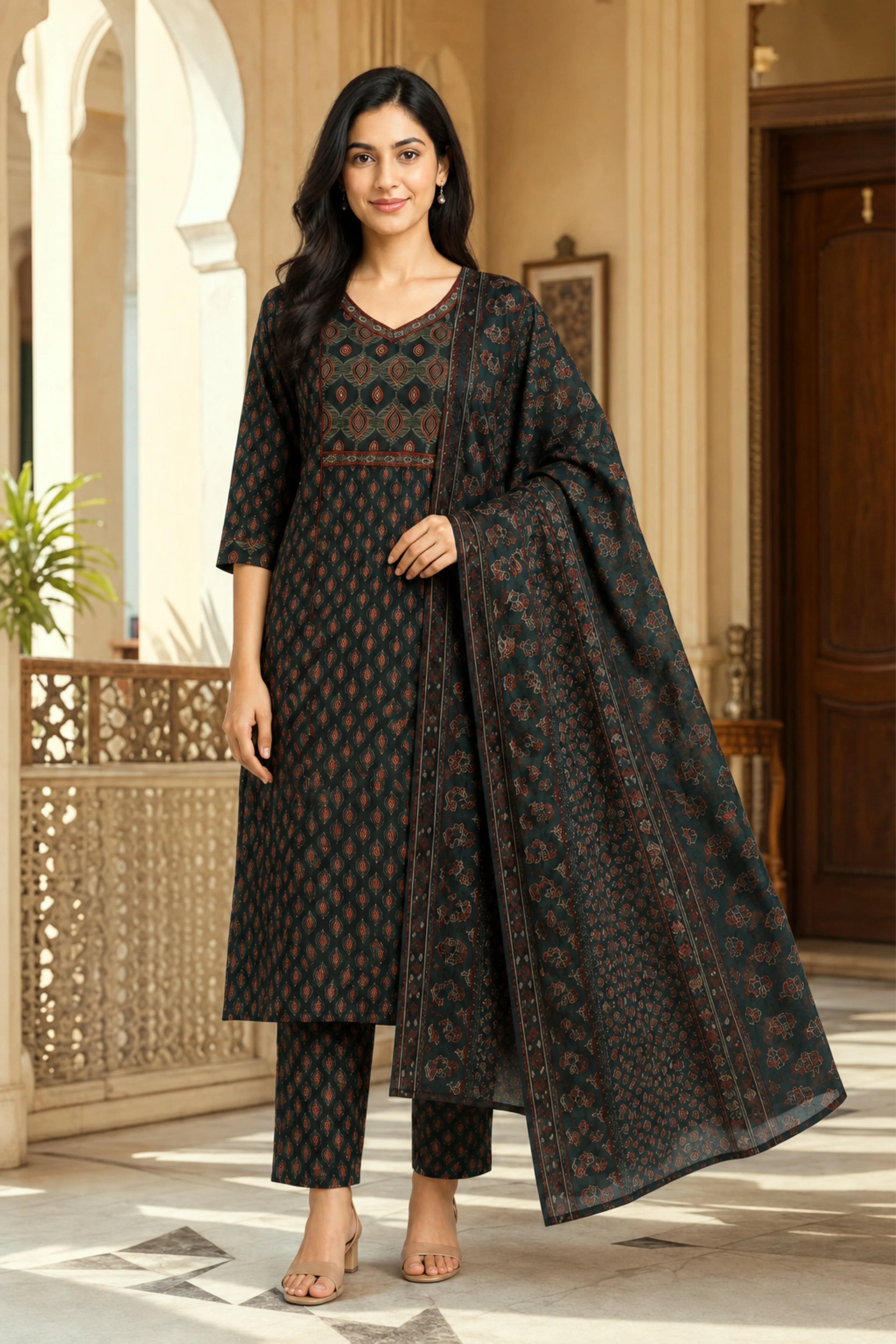 Green Ethnic Motif Cotton Suit Set-Global Republic