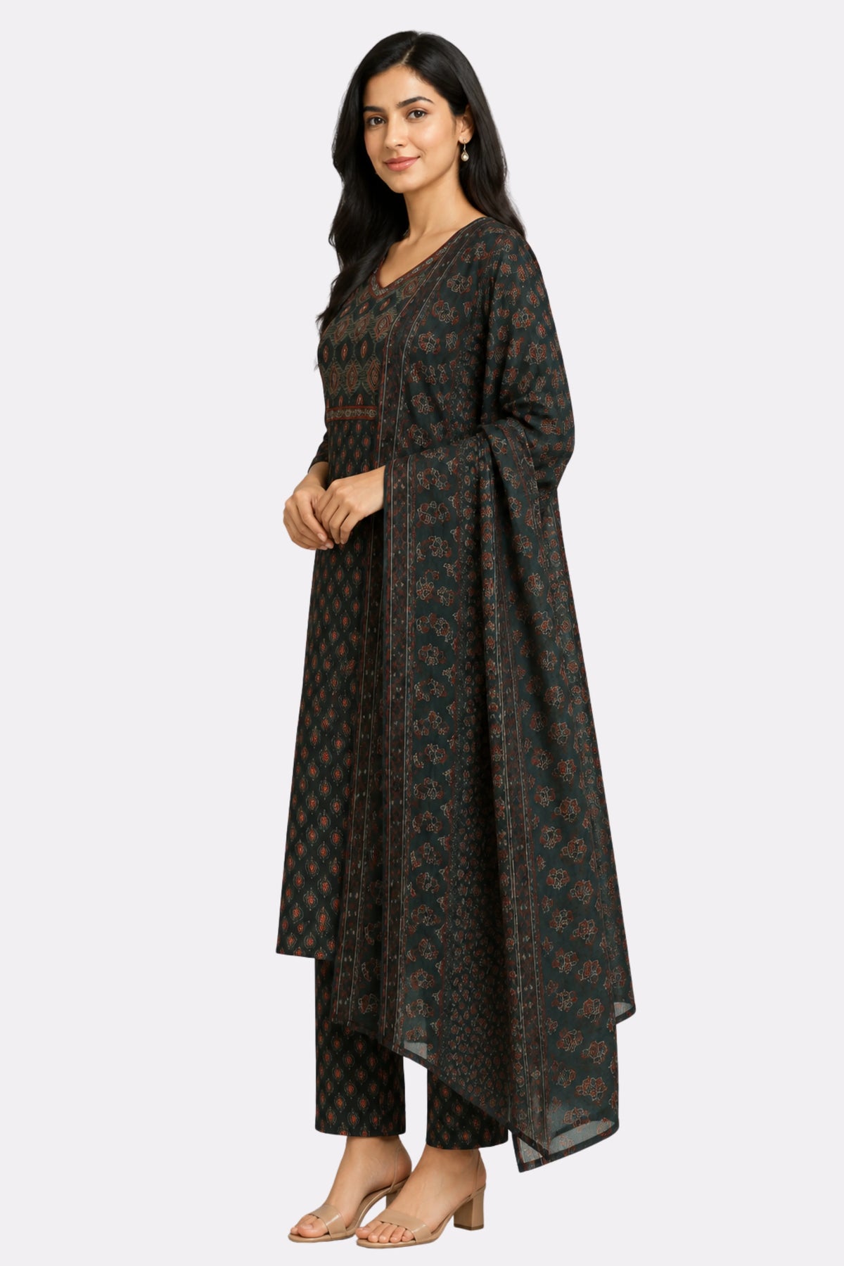 Green Ethnic Motif Cotton Suit Set-Global Republic