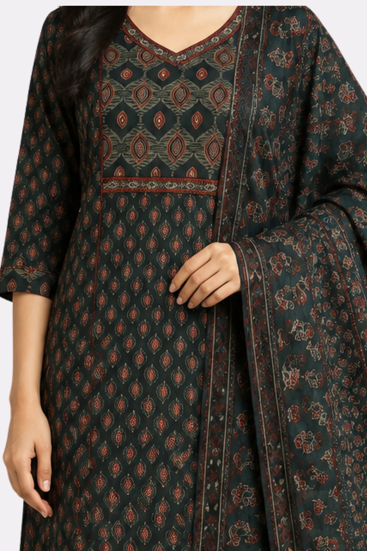 Green Ethnic Motif Cotton Suit Set-Global Republic