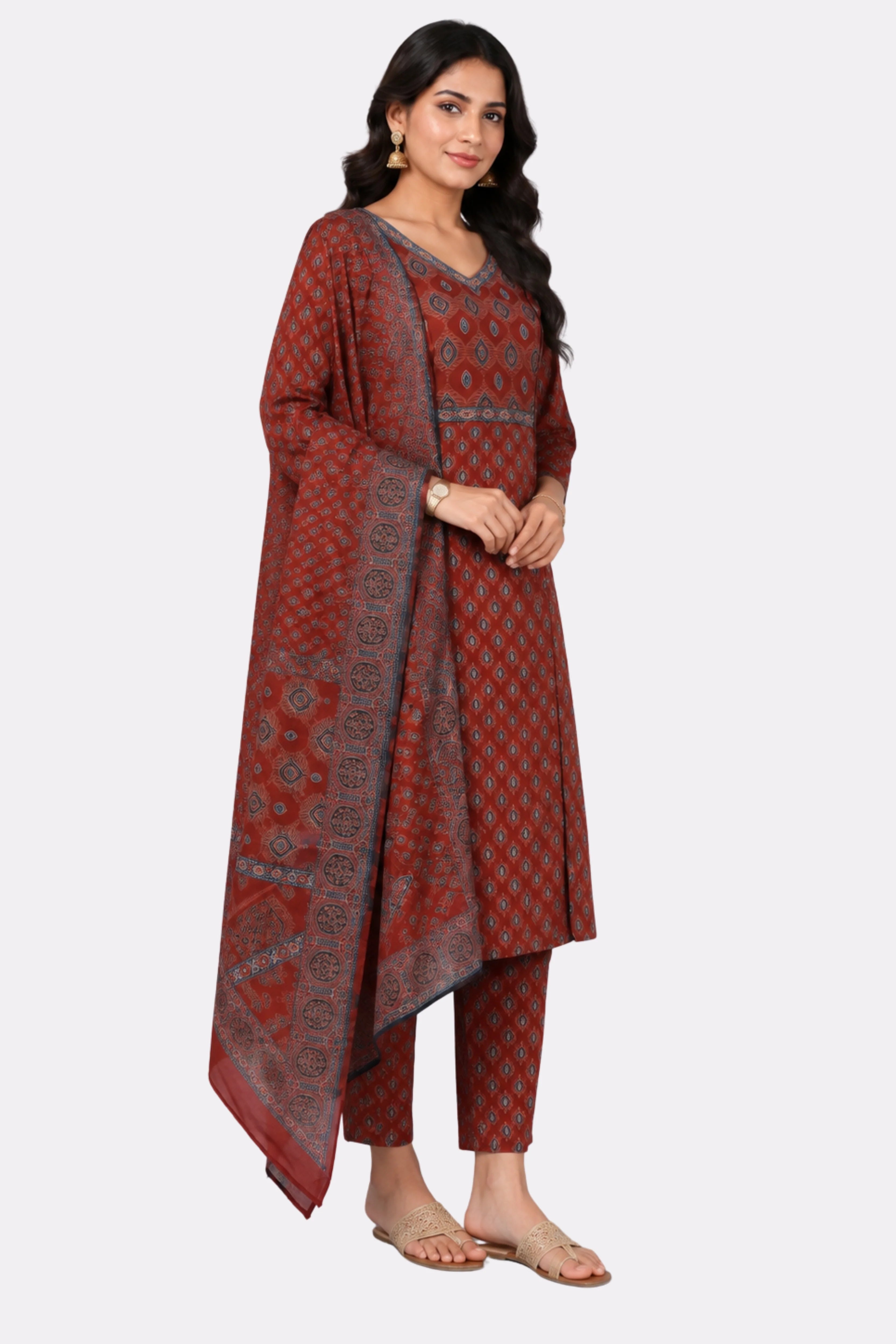 Maroon Ethnic Print Cotton Suit Set-Global Republic