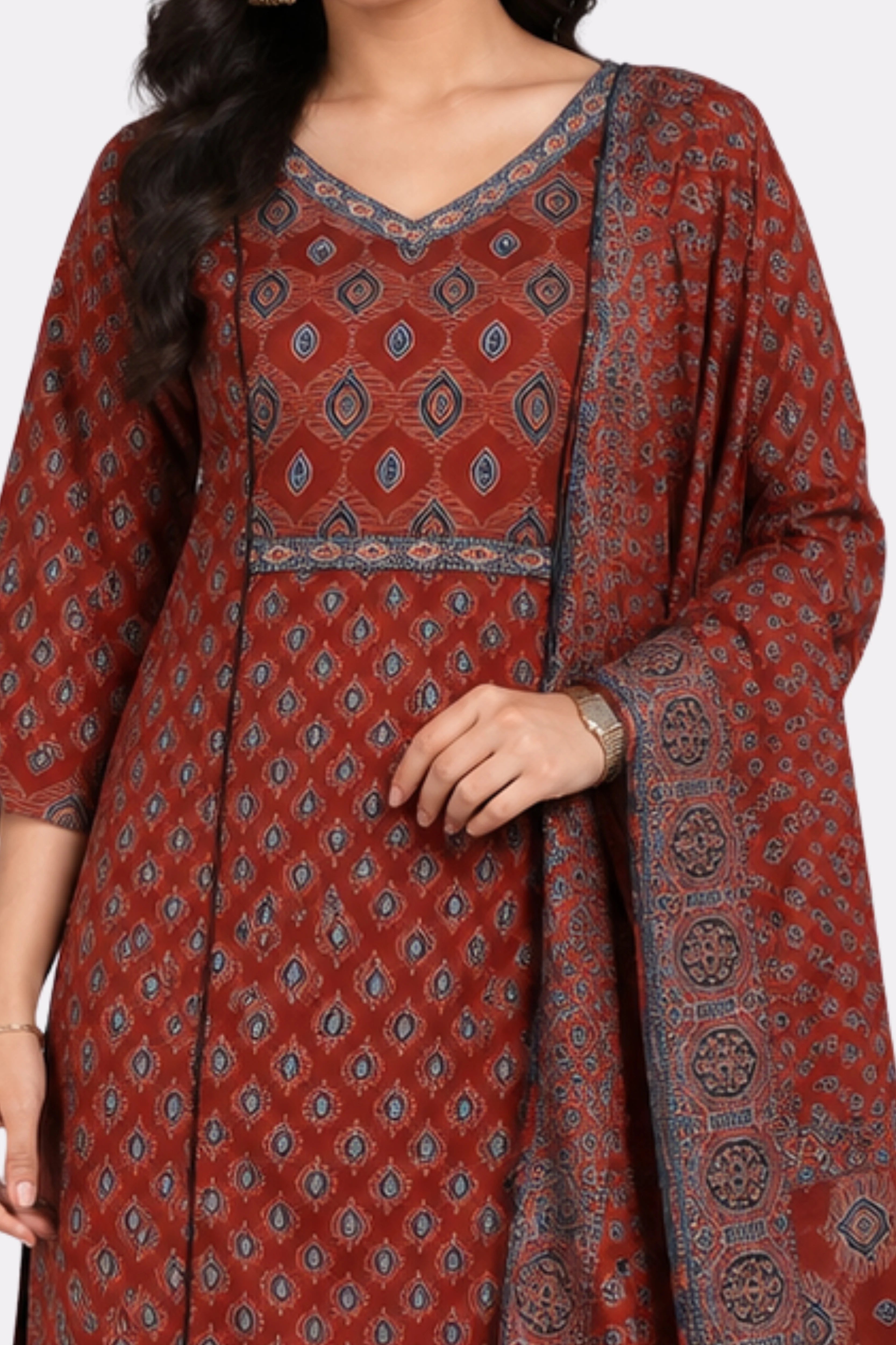 Maroon Ethnic Print Cotton Suit Set-Global Republic