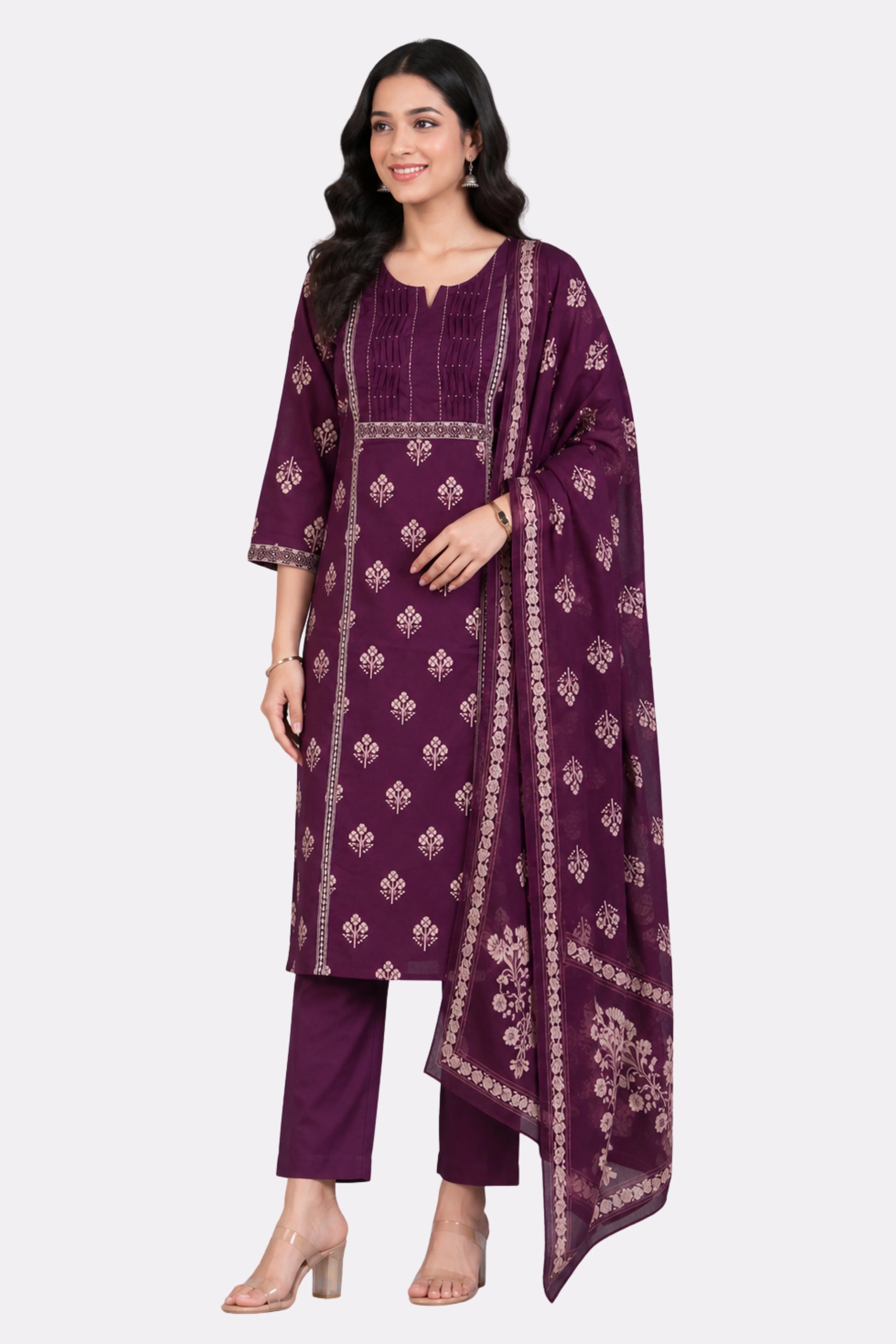Wine Floral Cotton Kurta Set-Global Republic