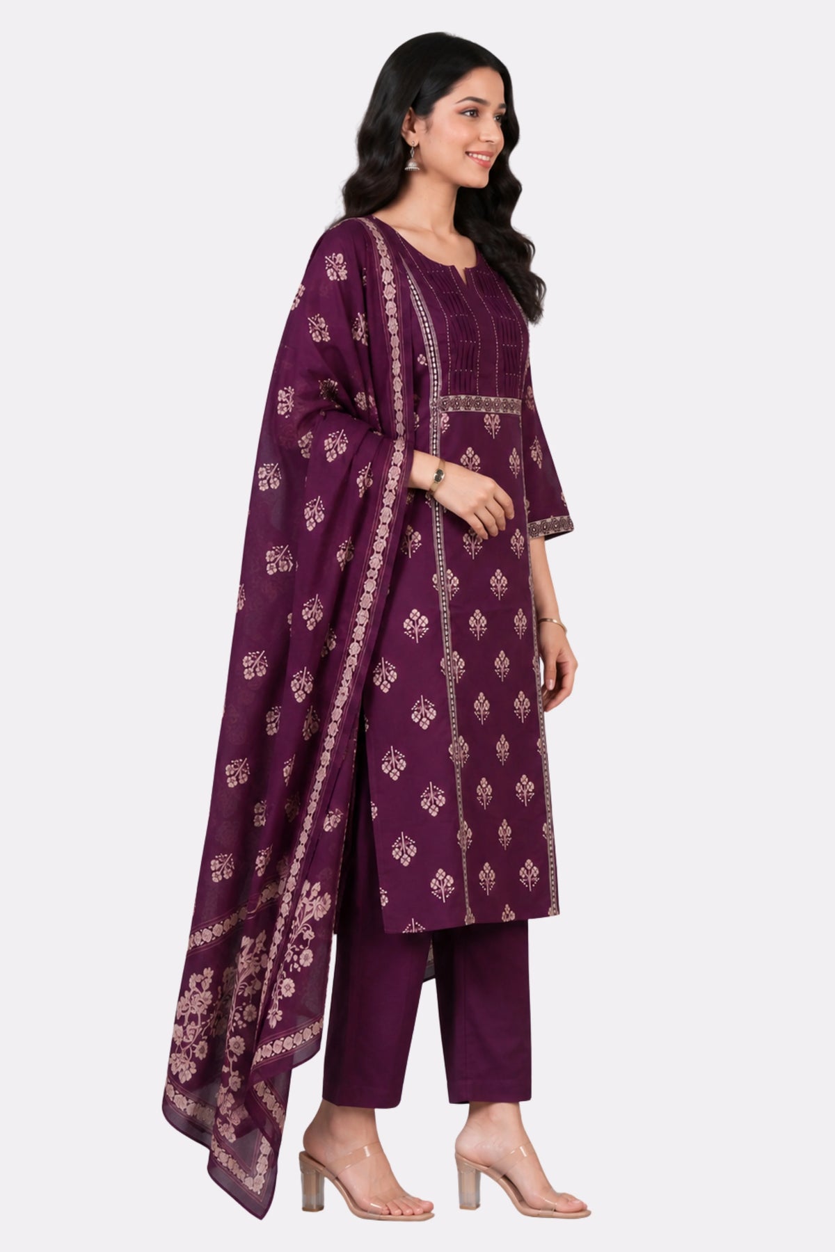 Wine Floral Cotton Kurta Set-Global Republic