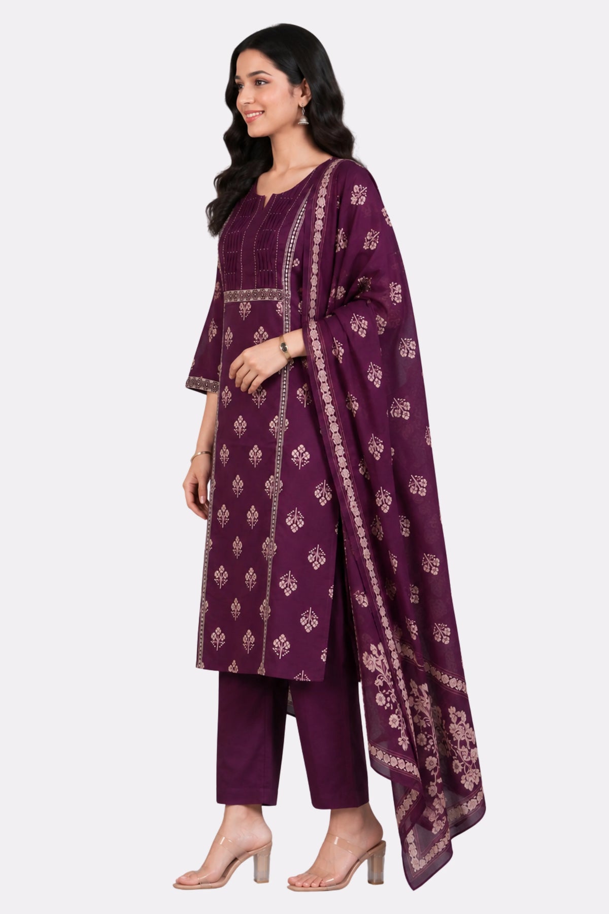 Wine Floral Cotton Kurta Set-Global Republic