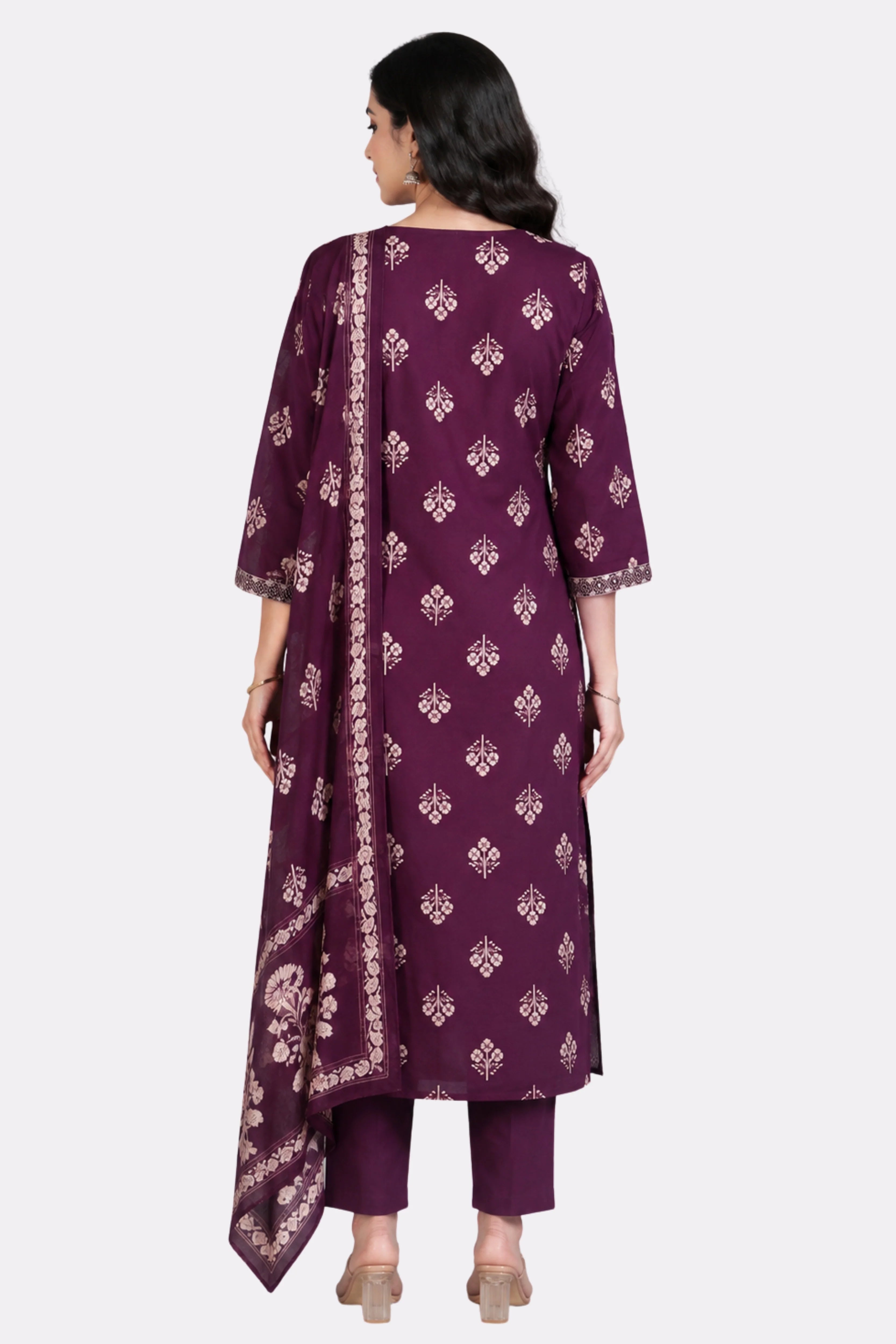 Wine Floral Cotton Kurta Set-Global Republic