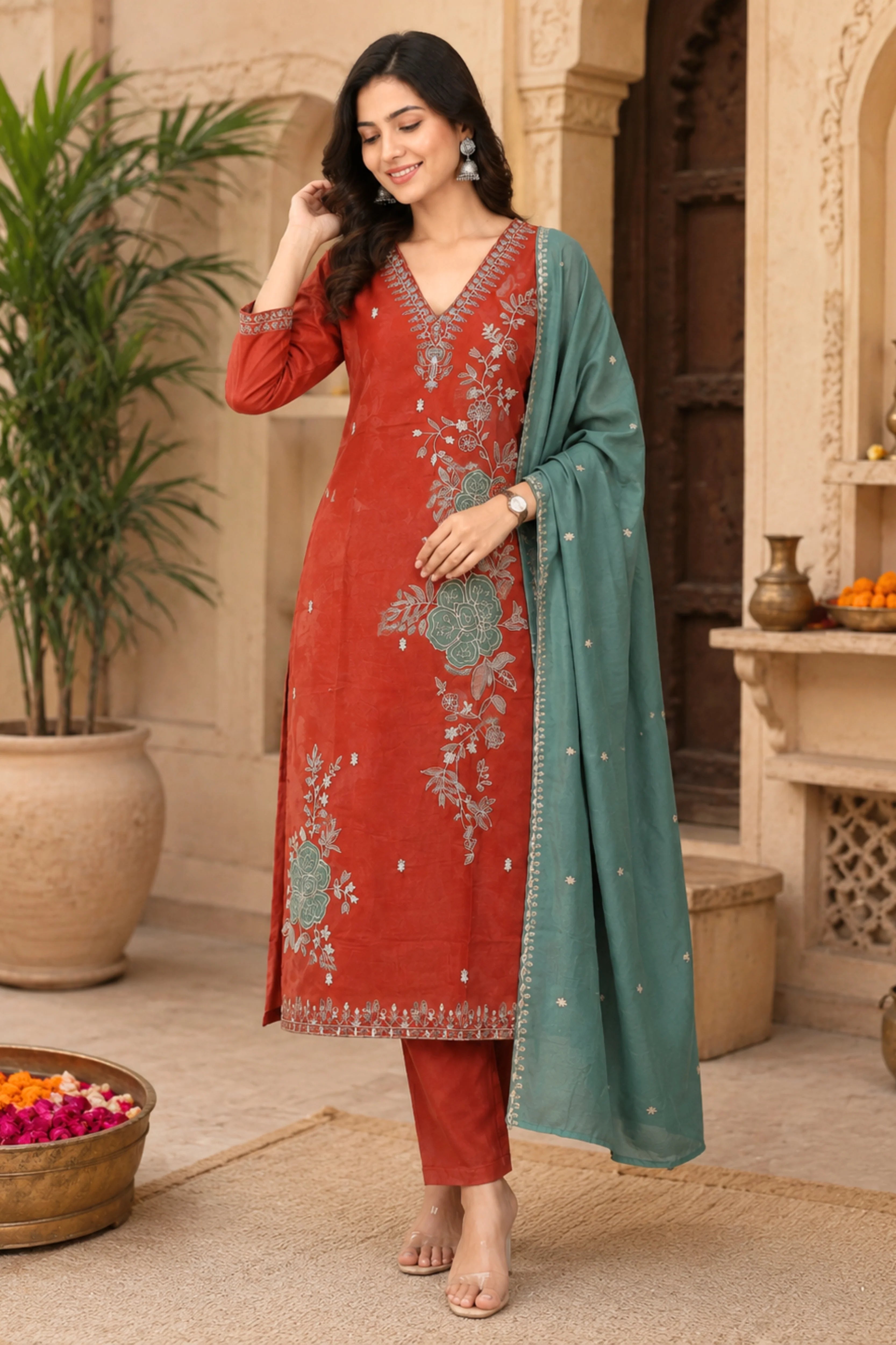 Rust Floral Embroidered Cotton Suit Set-Global Republic