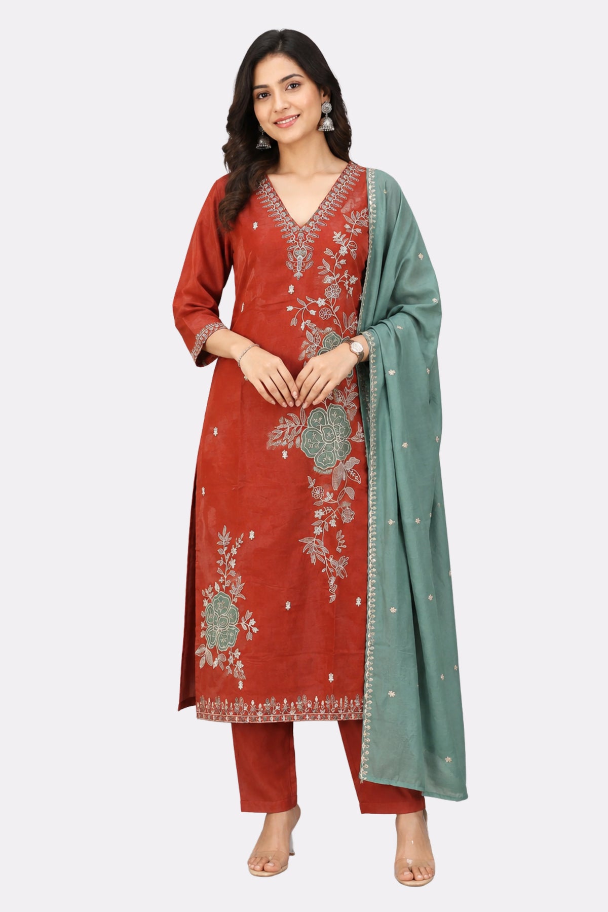 Rust Floral Embroidered Cotton Suit Set-Global Republic